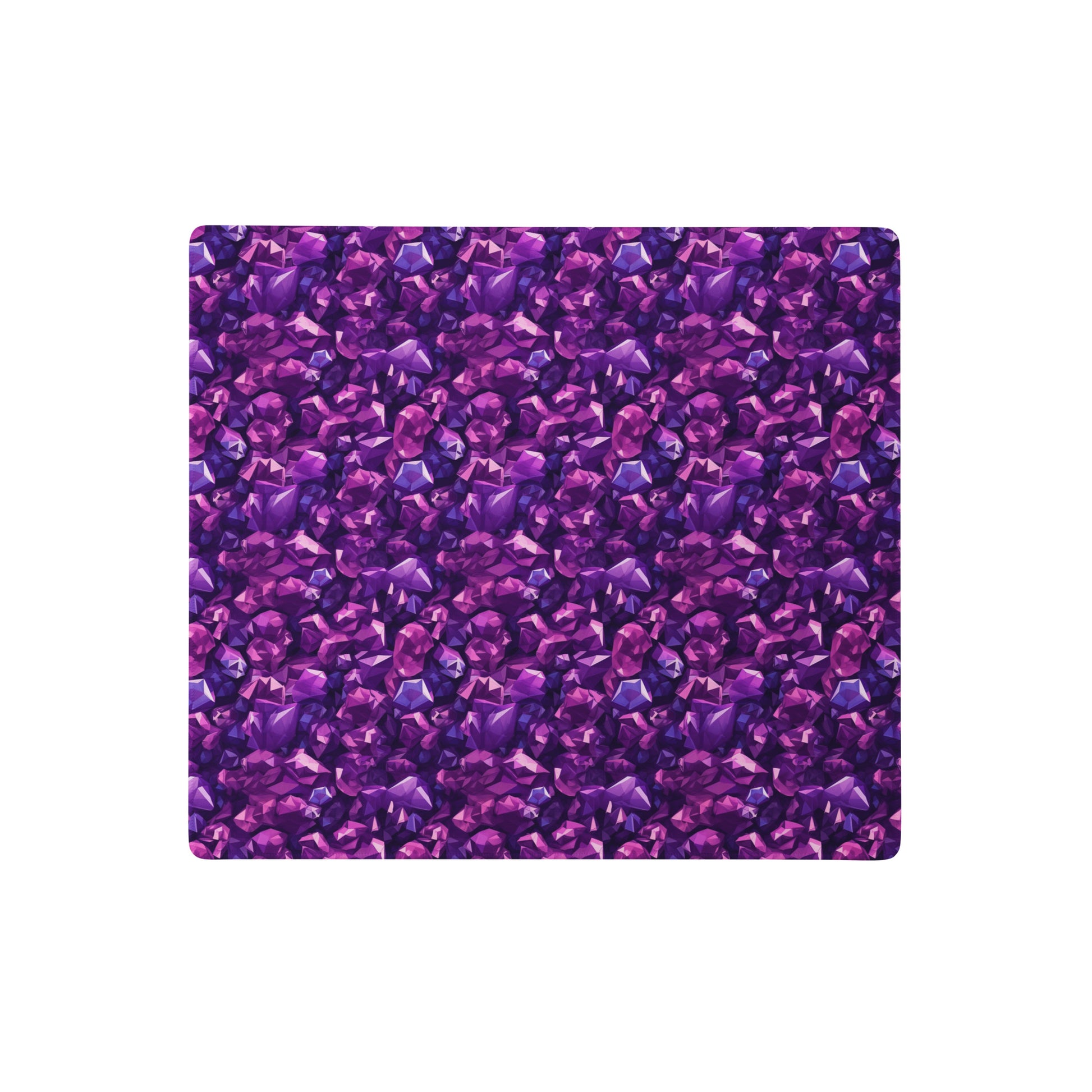 An 18" x 16" gaming desk pad with purple crystals.