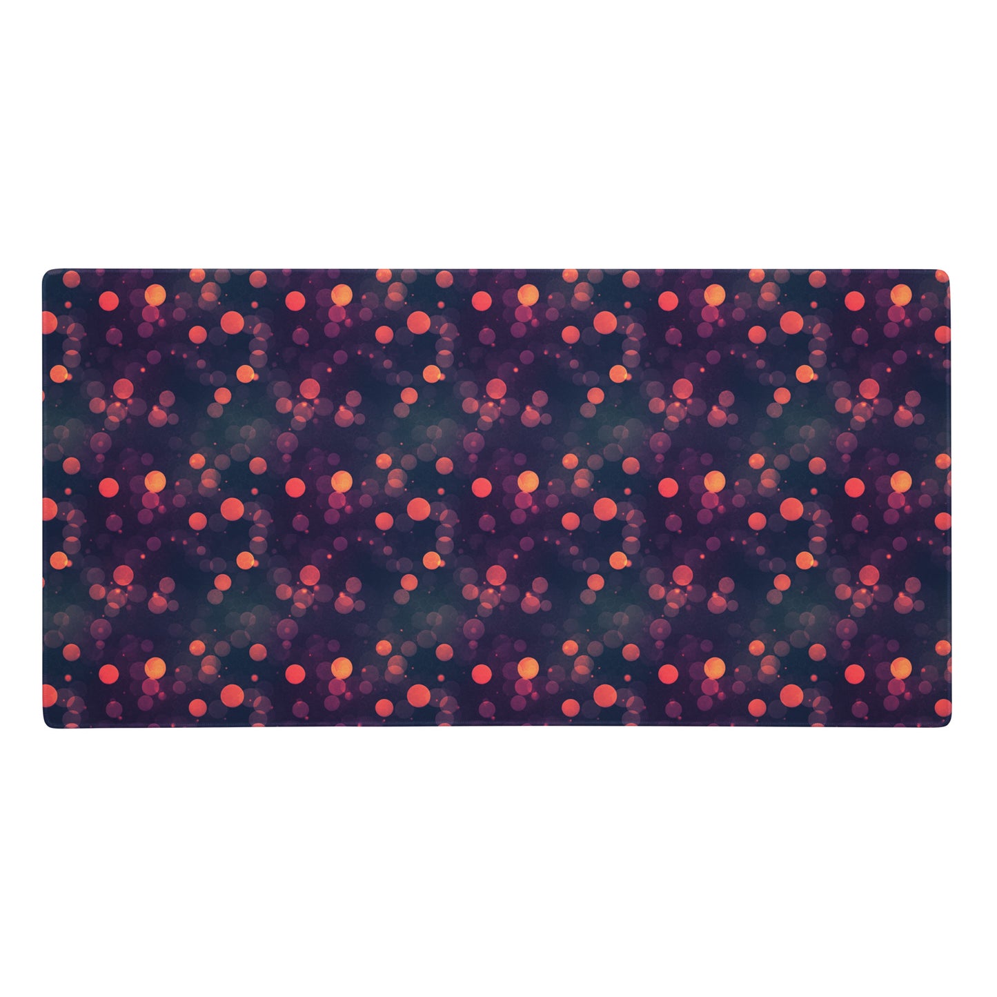 A 36" x 18" desk pad with a purple and red polka dot pattern.
