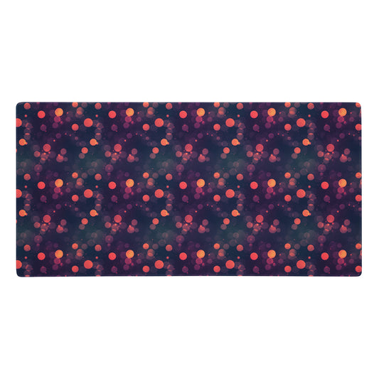 A 36" x 18" desk pad with a purple and red polka dot pattern.