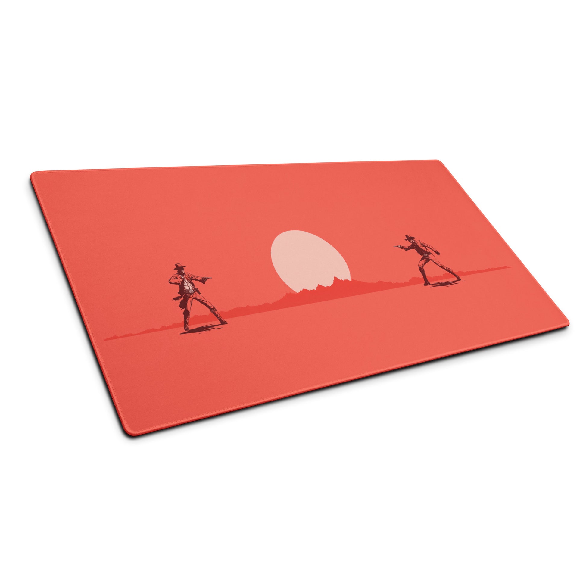 A Red 36" x 18" desk pad with cowboys dueling sitting at an angle.