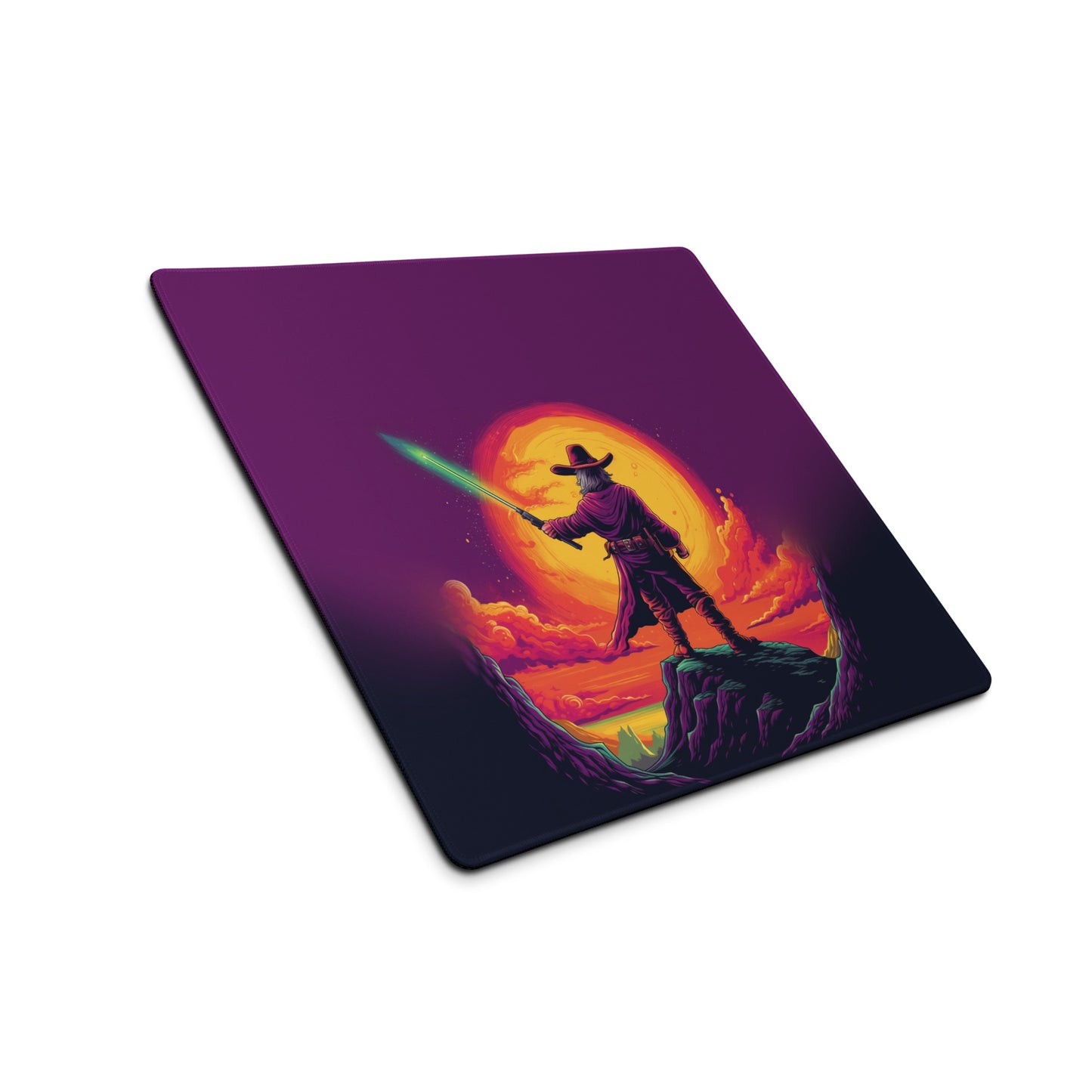 A 18" x 16" desk pad with a cowboy holding a glowing sword looking at the sunset sitting at an angle.