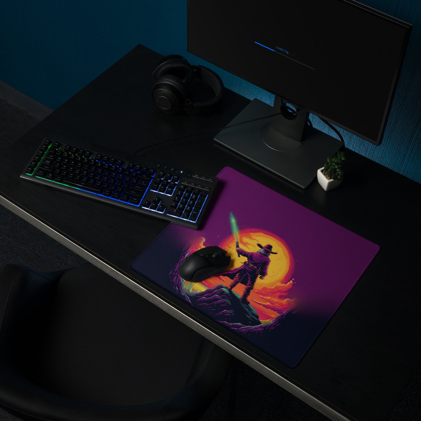 A 18" x 16" desk pad with a cowboy holding a glowing sword looking at the sunset sitting on a desk.