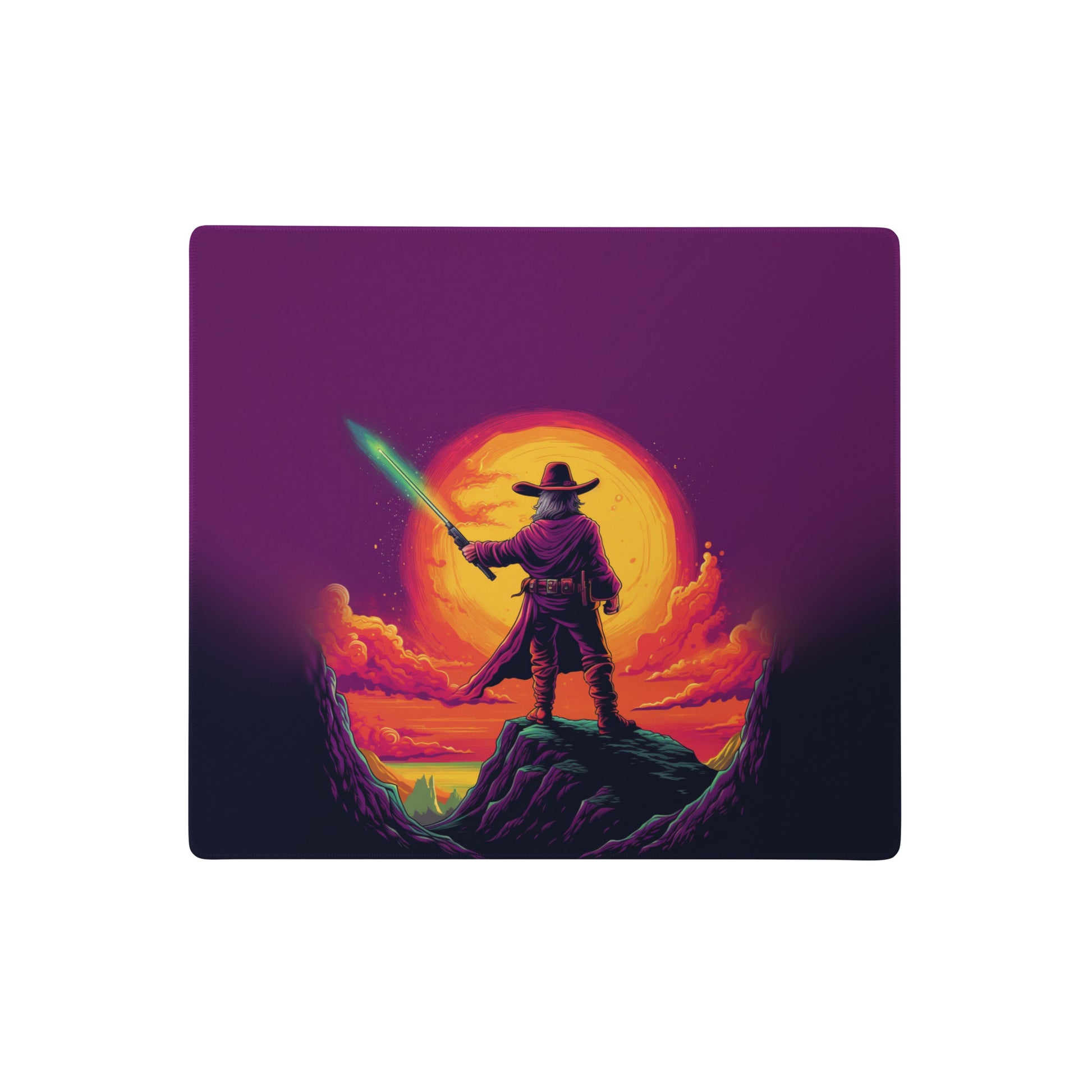 A 18" x 16" desk pad with a cowboy holding a glowing sword looking at the sunset.