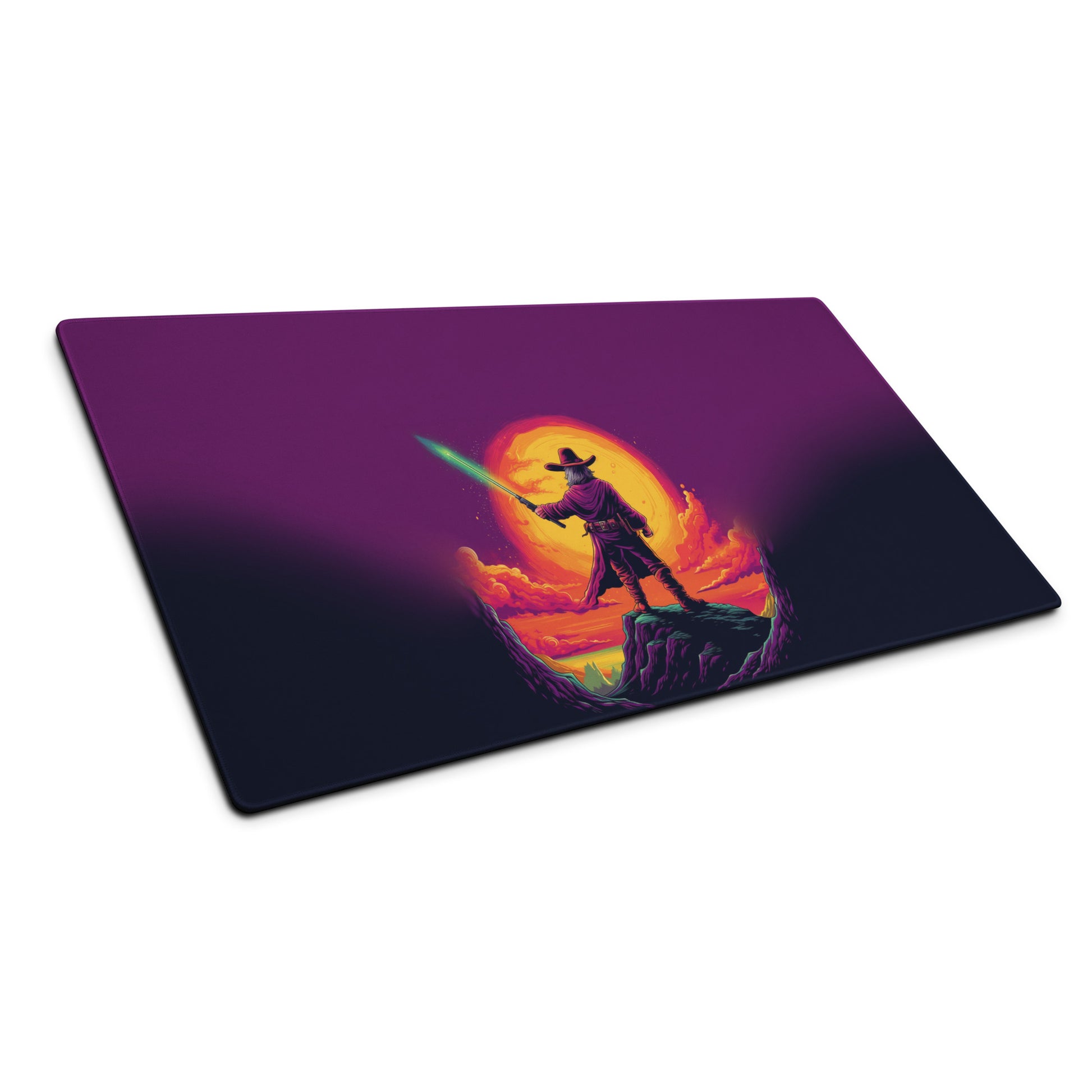 A 36" x 18" desk pad with a cowboy holding a glowing sword looking at the sunset sitting at an angle.