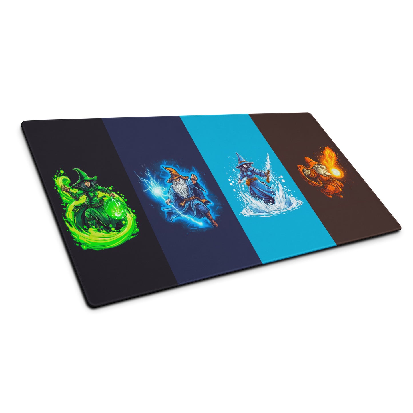 A 36" x 18" desk pad with four mages using different spells sitting at an angle.