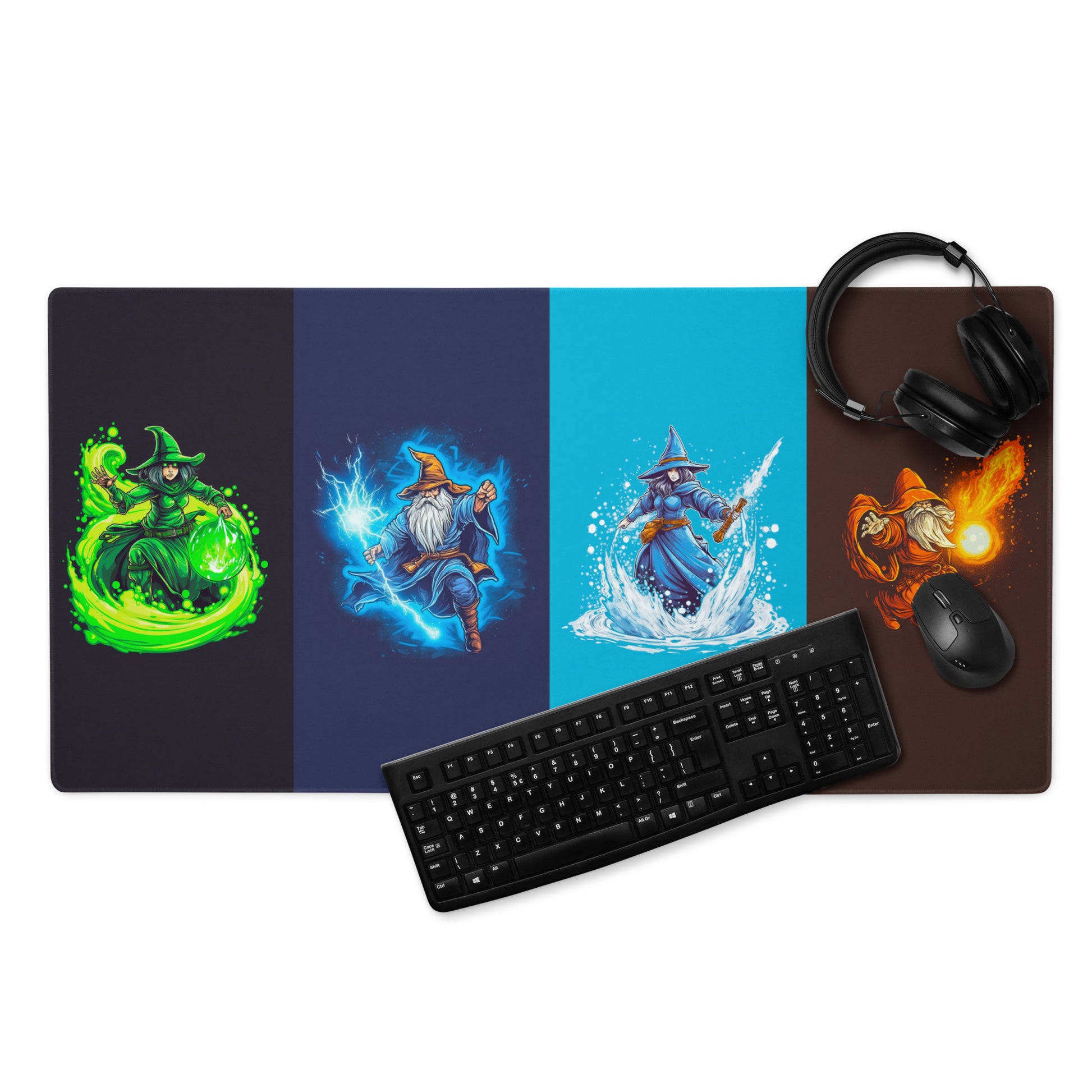 A 36" x 18" desk pad with four mages using different spells. With a keyboard, mouse, and headphones sitting on it.