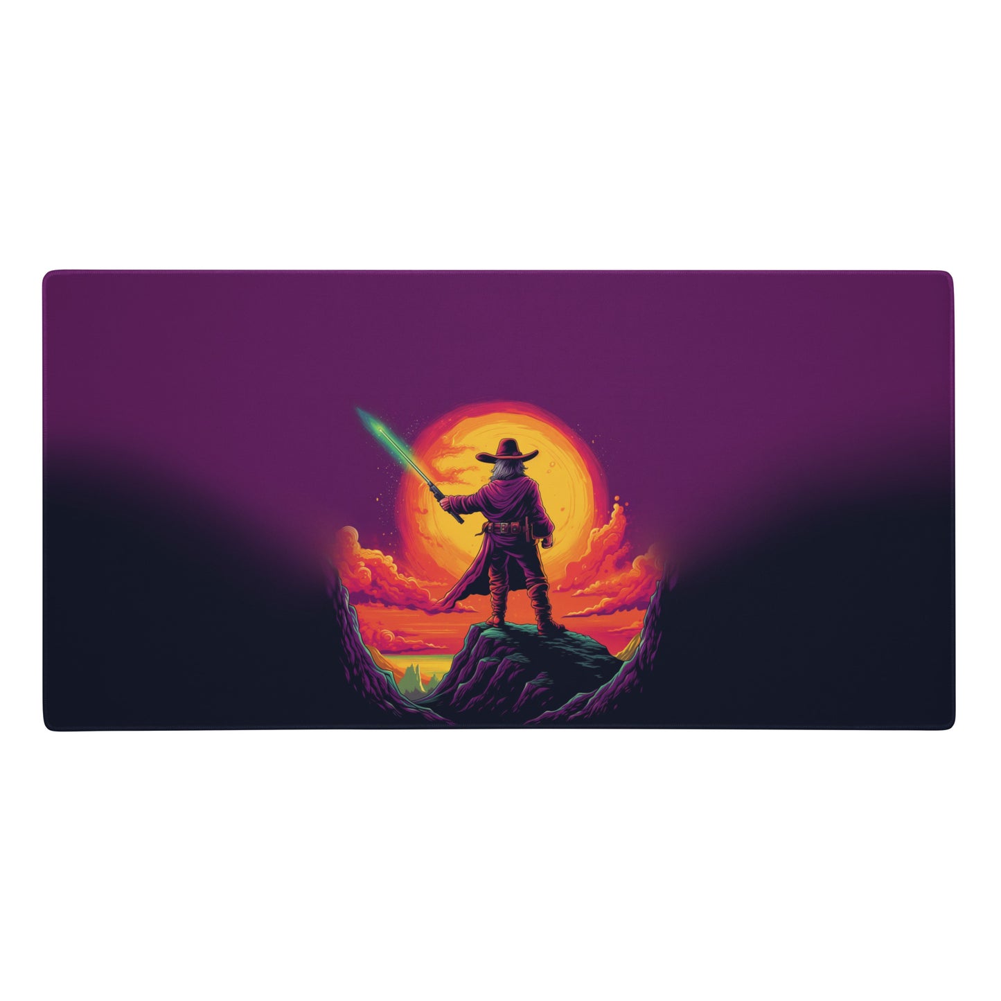 A 36" x 18" desk pad with a cowboy holding a glowing sword looking at the sunset.