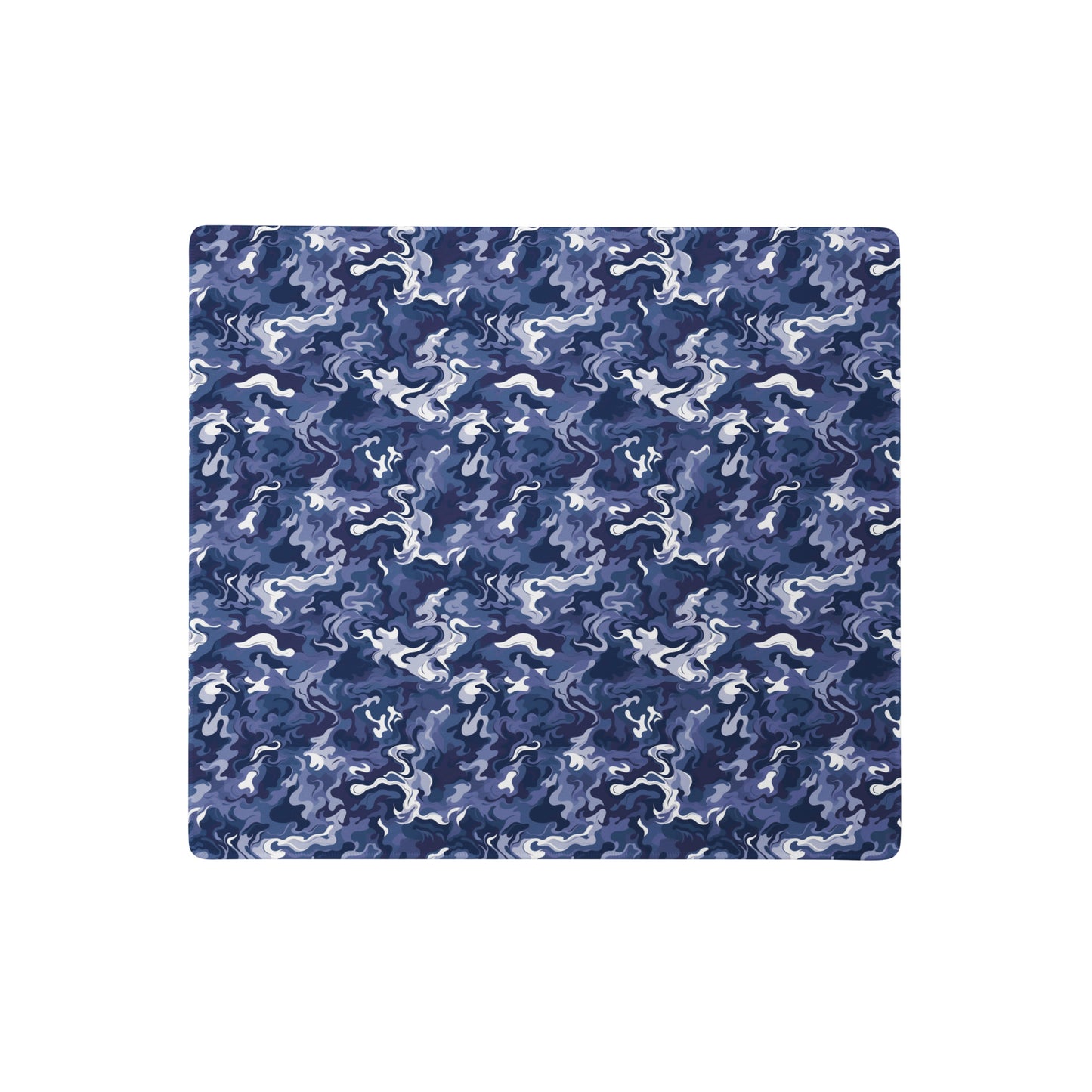 A 18" x 16" desk pad with a royal blue and white camo pattern.