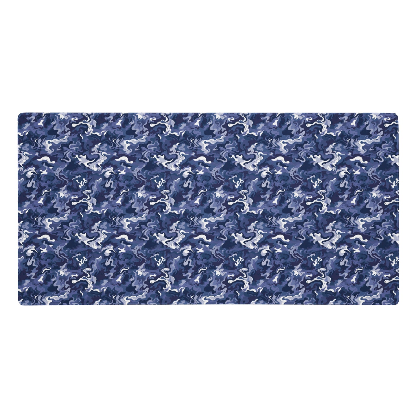 A 36" x 18" desk pad with a royal blue and white camo pattern.