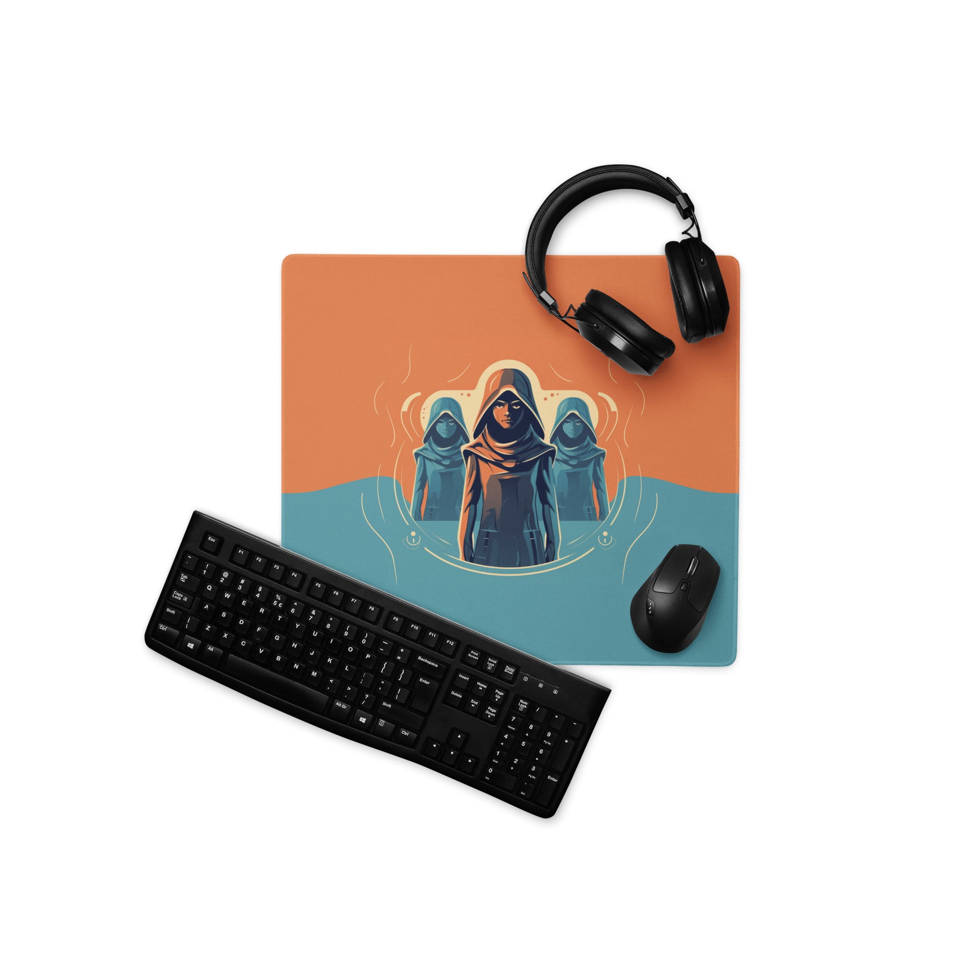 A 18" x 16" orange and blue desk pad with three robed figures. With a keyboard, mouse, and headphones sitting on it.