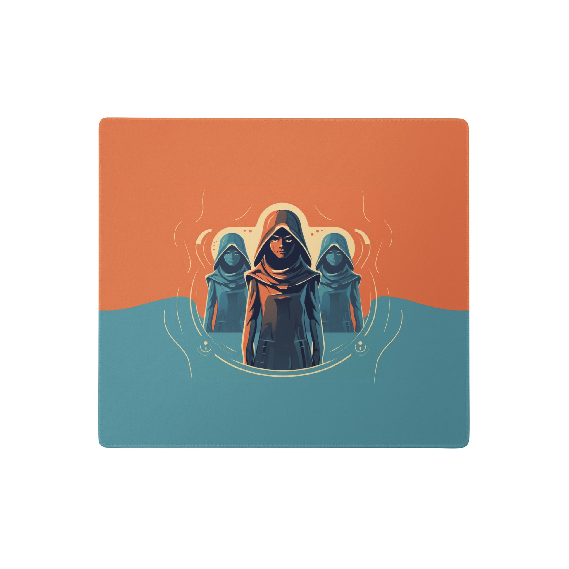 A 18" x 16" orange and blue desk pad with three robed figures.