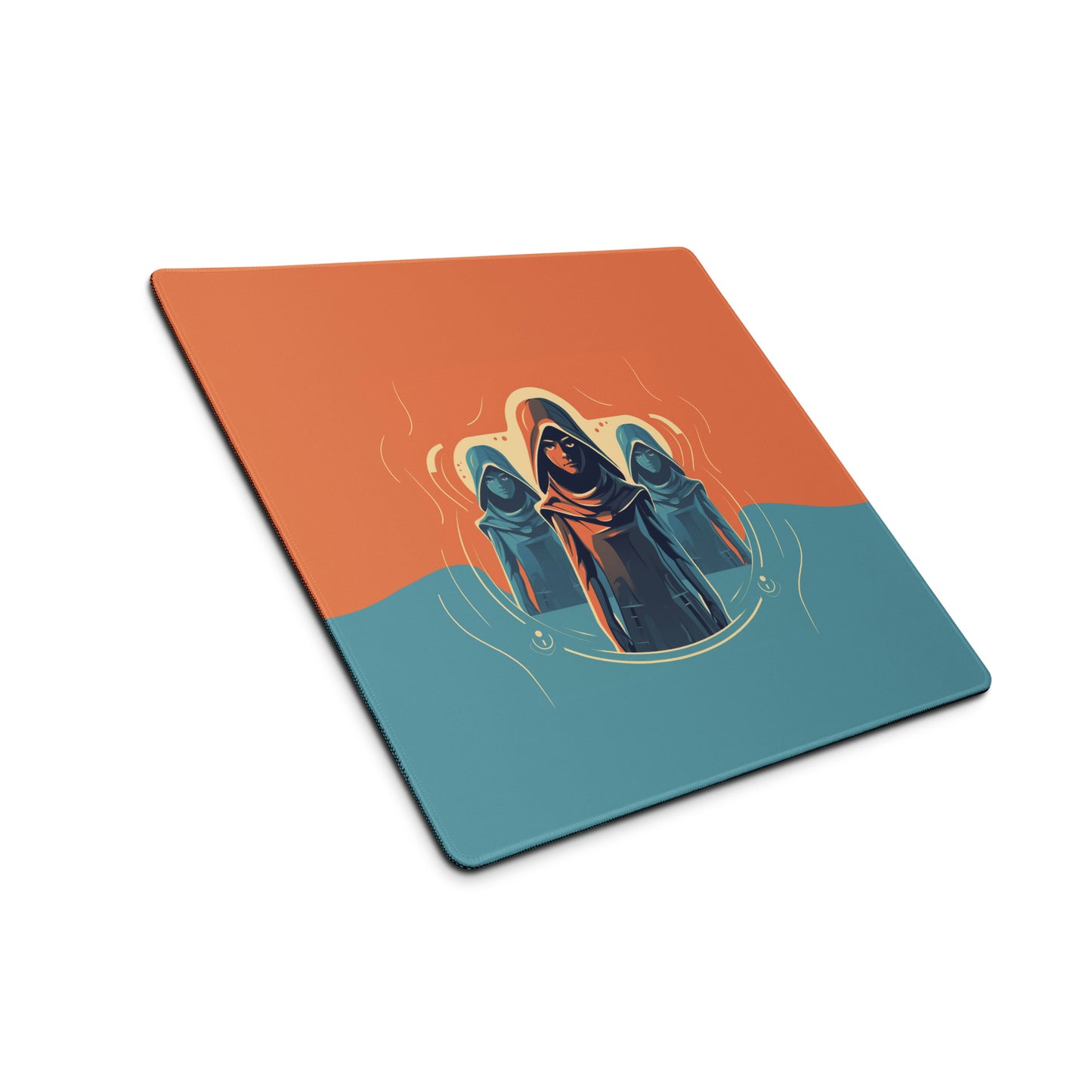 A 18" x 16" orange and blue desk pad with three robed figures sitting at an angle.