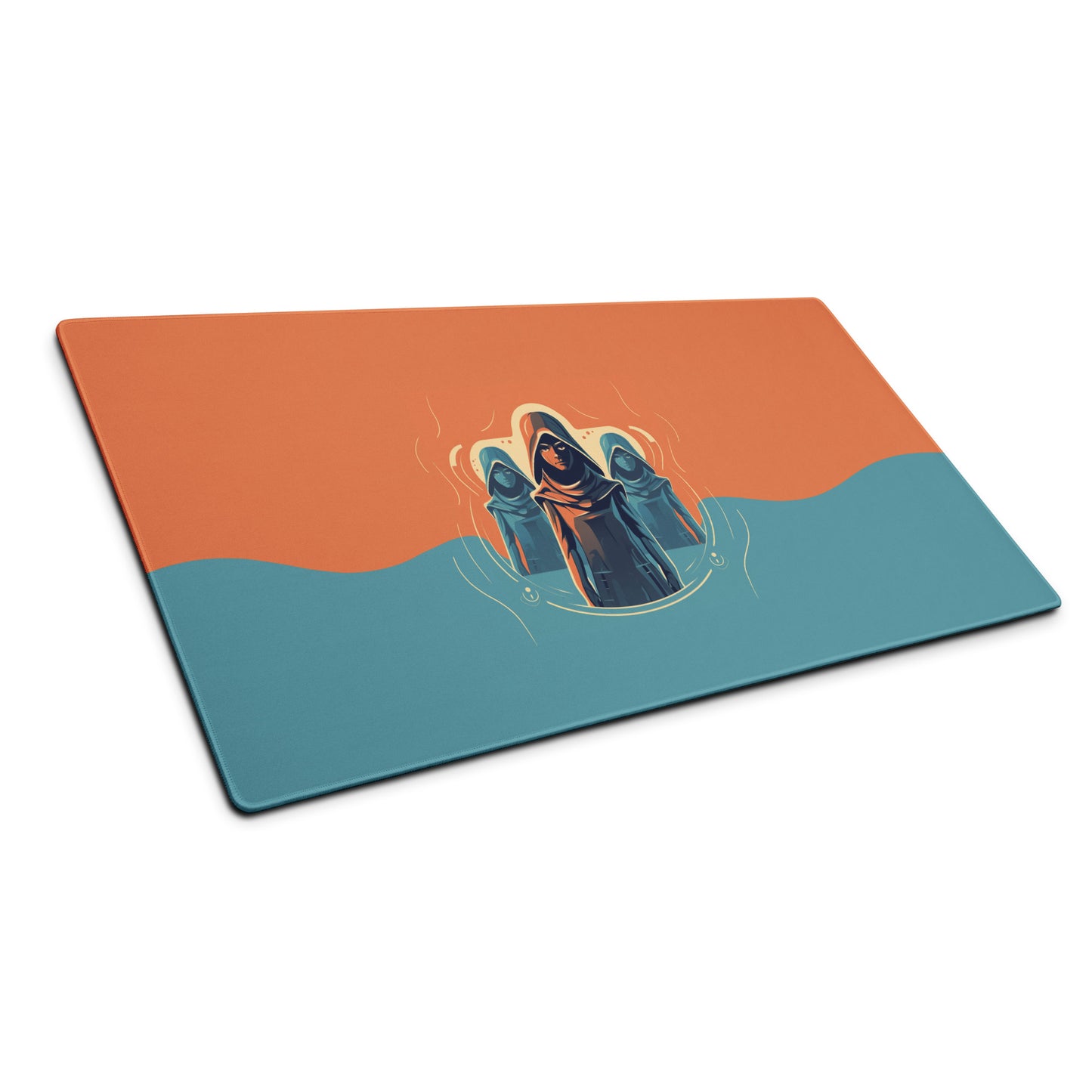 A 36" x 18" orange and blue desk pad with three robed figures sitting at an angle.