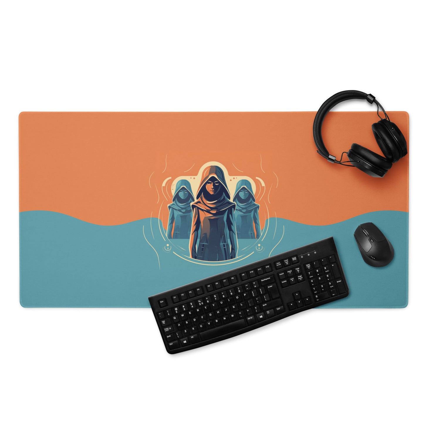 A 36" x 18" orange and blue desk pad with three robed figures. With a keyboard, mouse, and headphones sitting on it.