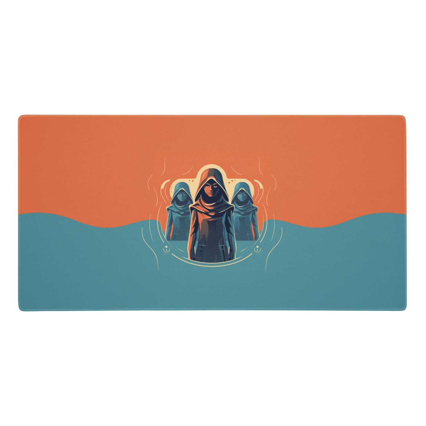 A 36" x 18" orange and blue desk pad with three robed figures.