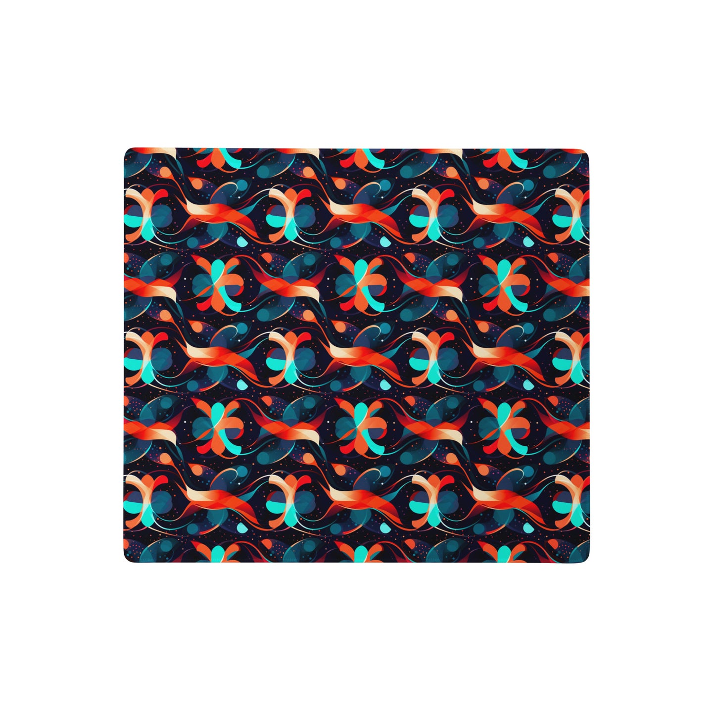 A 18" x 16" desk pad with a wavy orange and blue pattern.