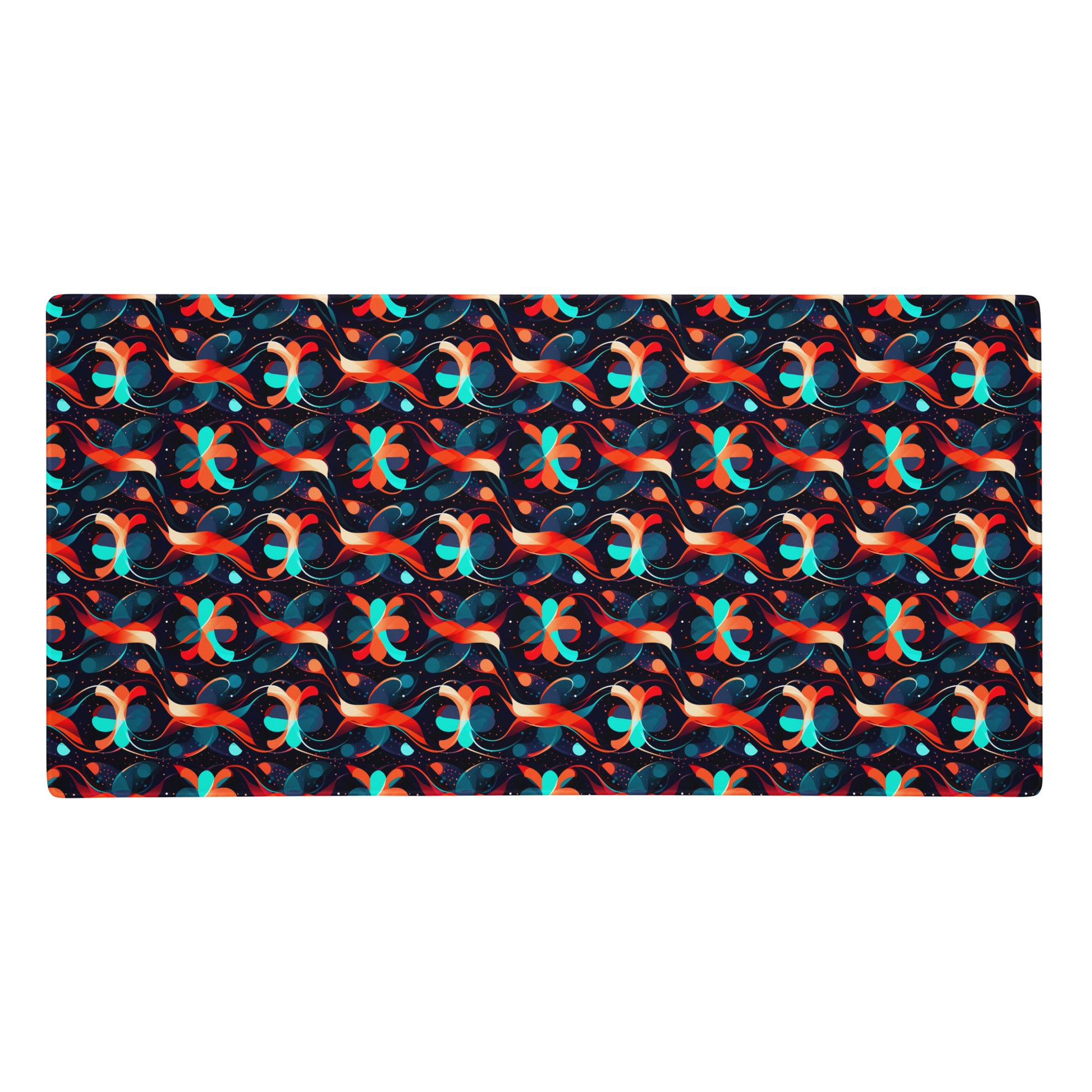 A 36" x 18" desk pad with a wavy orange and blue pattern.