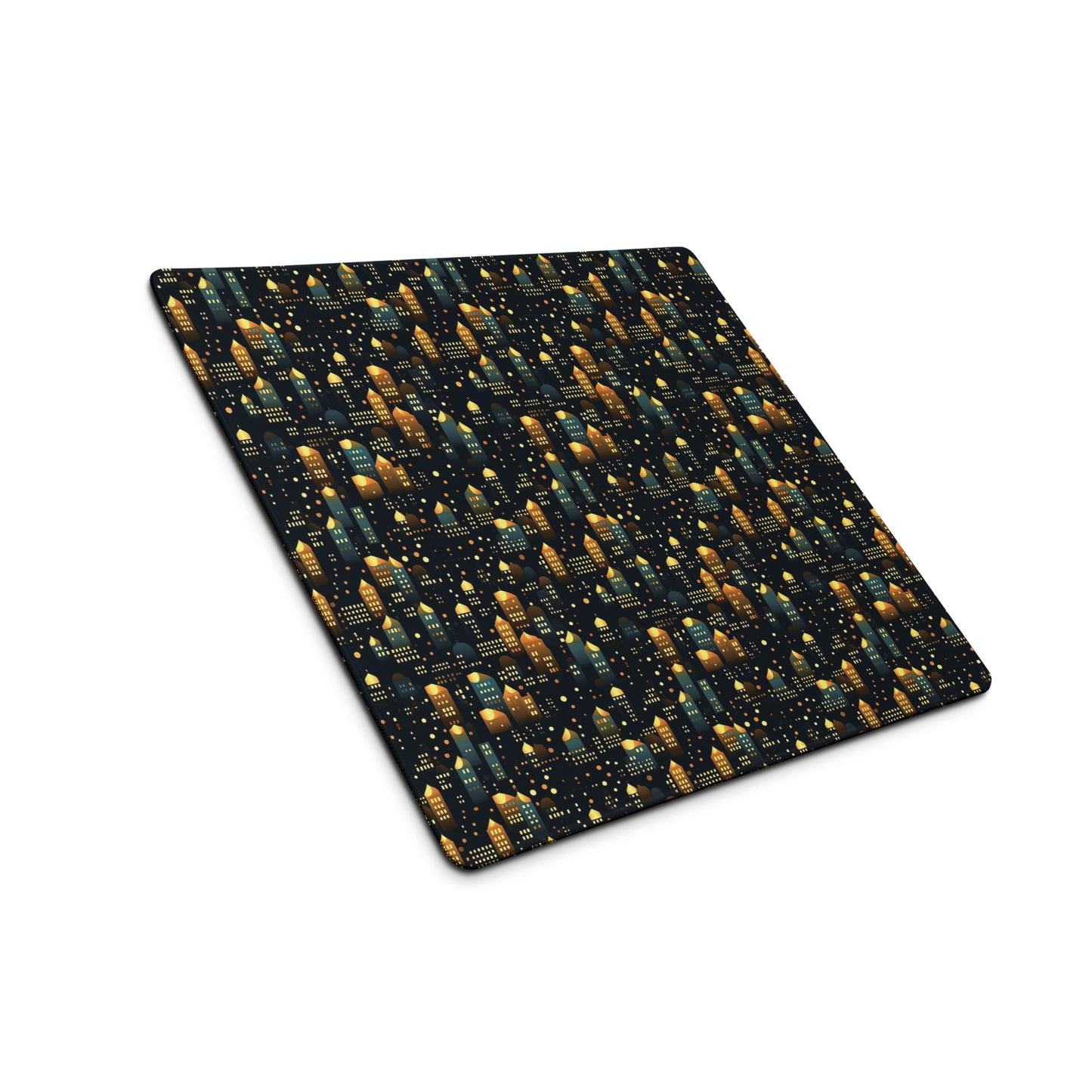 A 18" x 16" desk pad with a stary city pattern sitting at an angle.