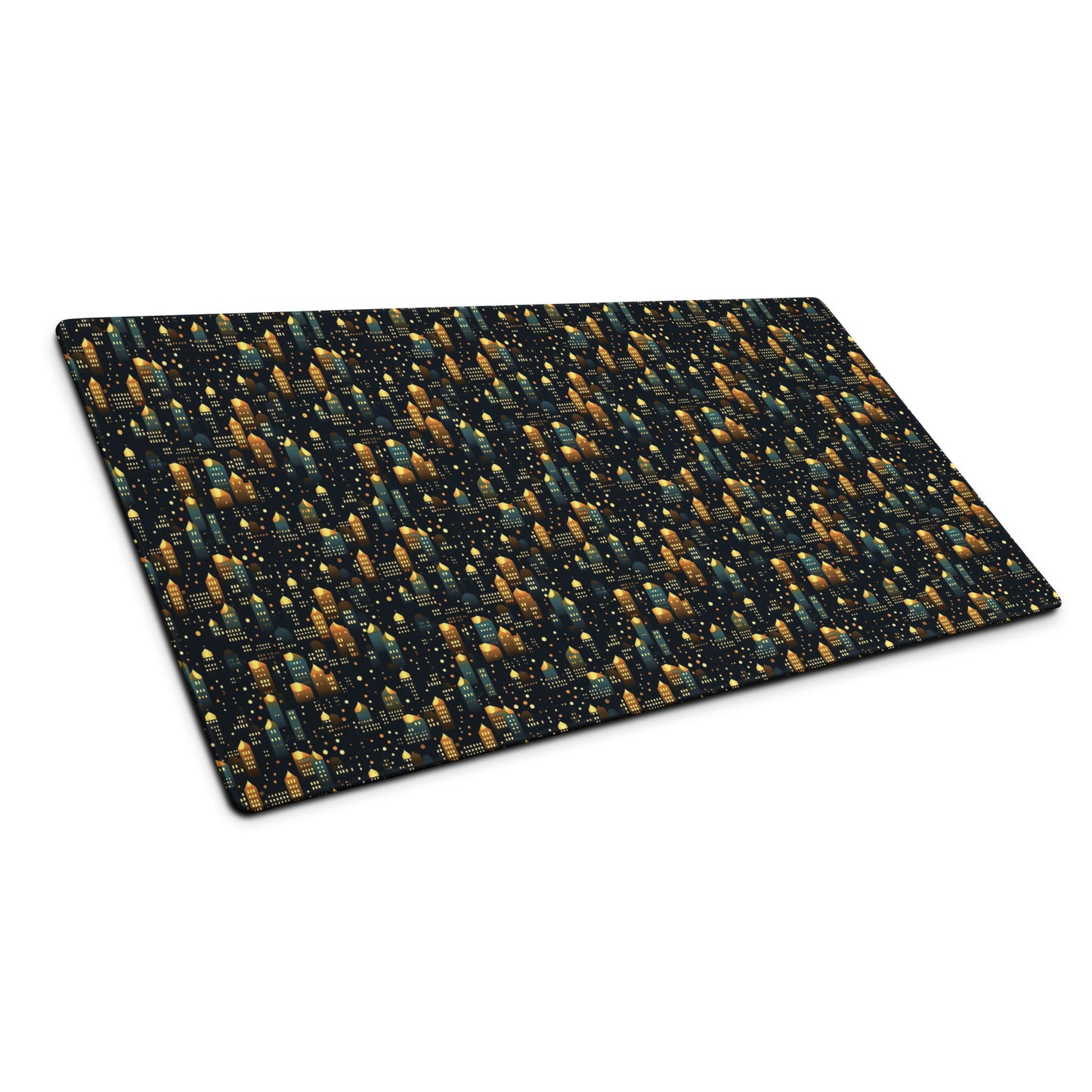 A 36" x 18" desk pad with a stary city pattern sitting at an angle.