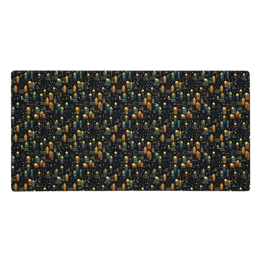 A 36" x 18" desk pad with a stary city pattern.