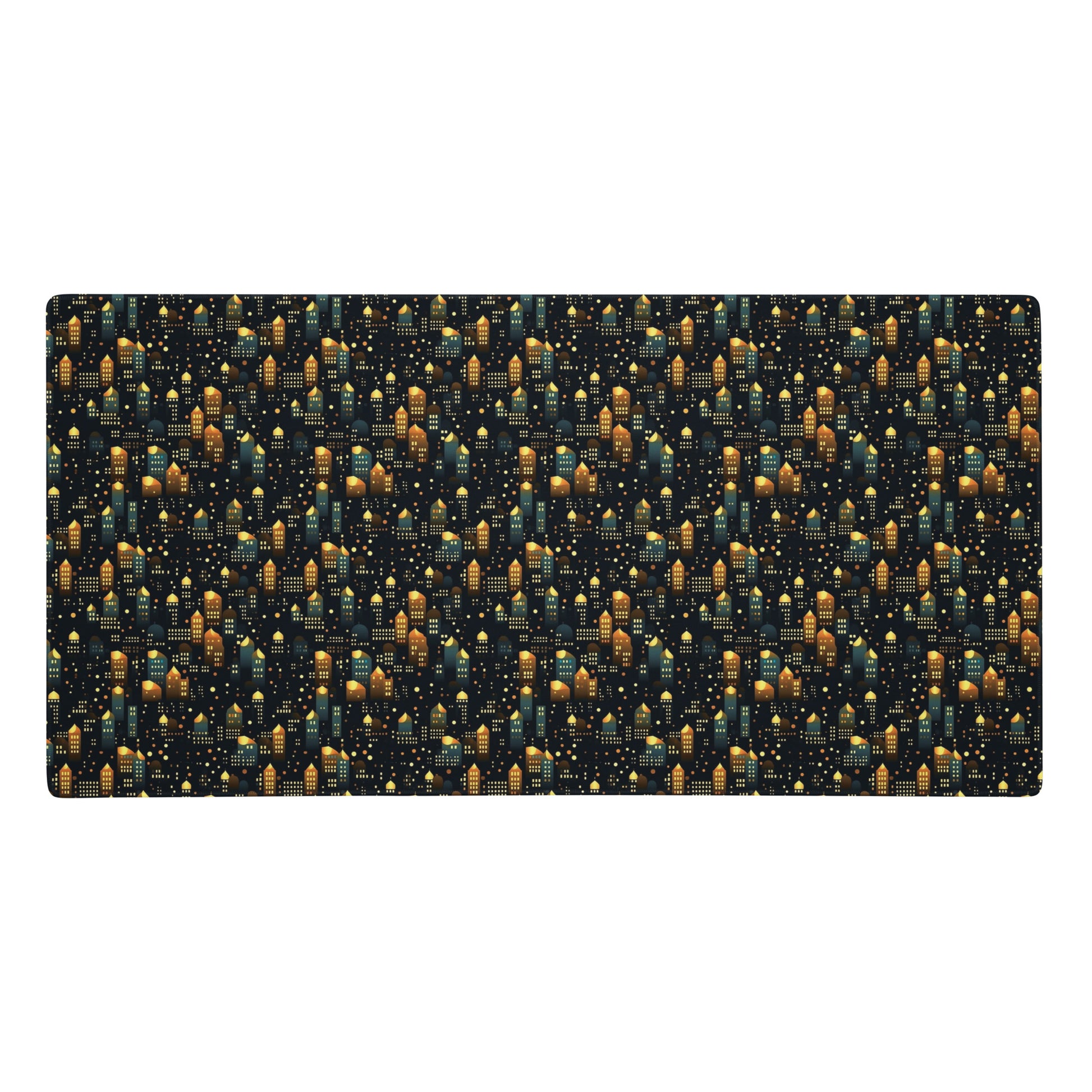A 36" x 18" desk pad with a stary city pattern.