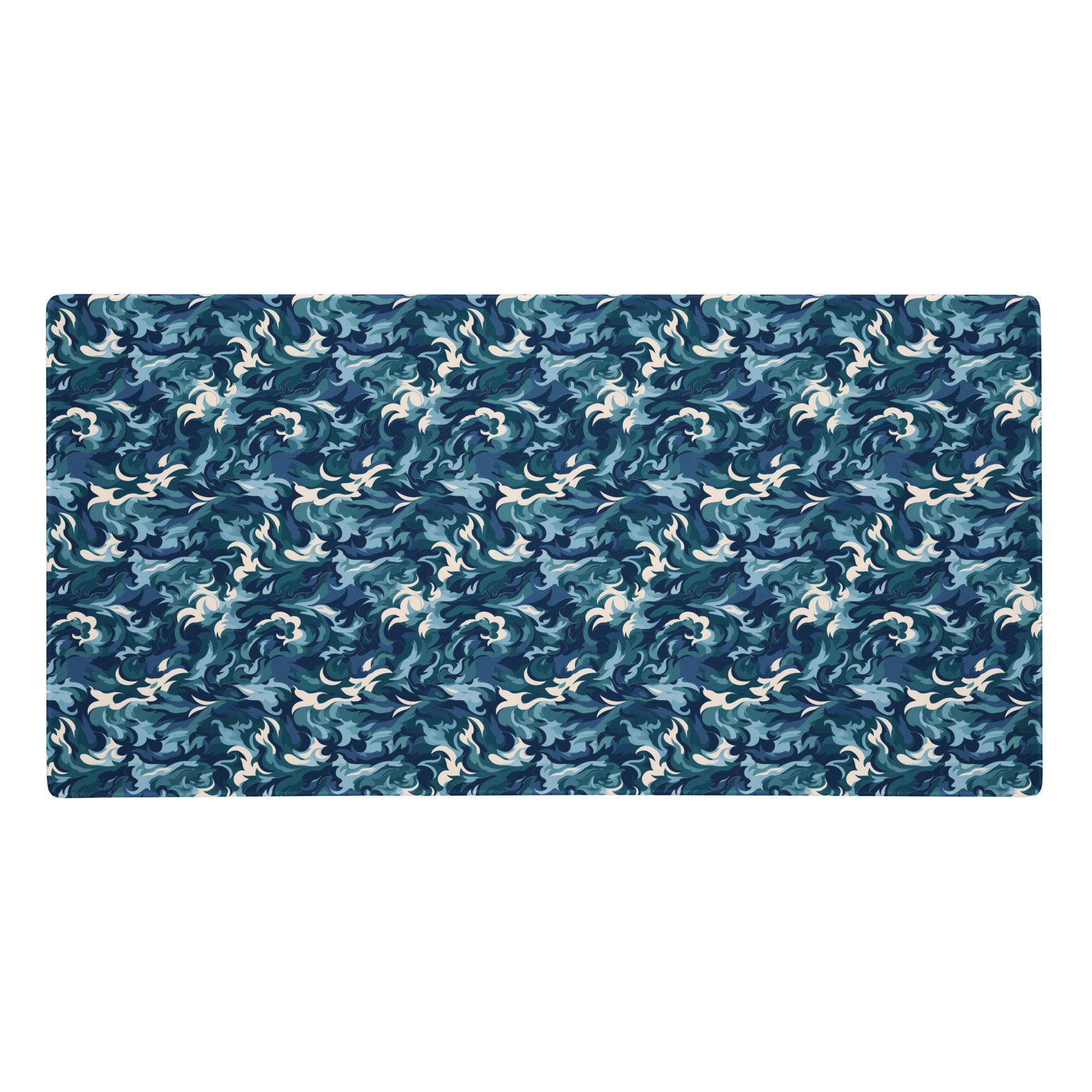 A 36" x 18" desk pad with a teal and white camo pattern.