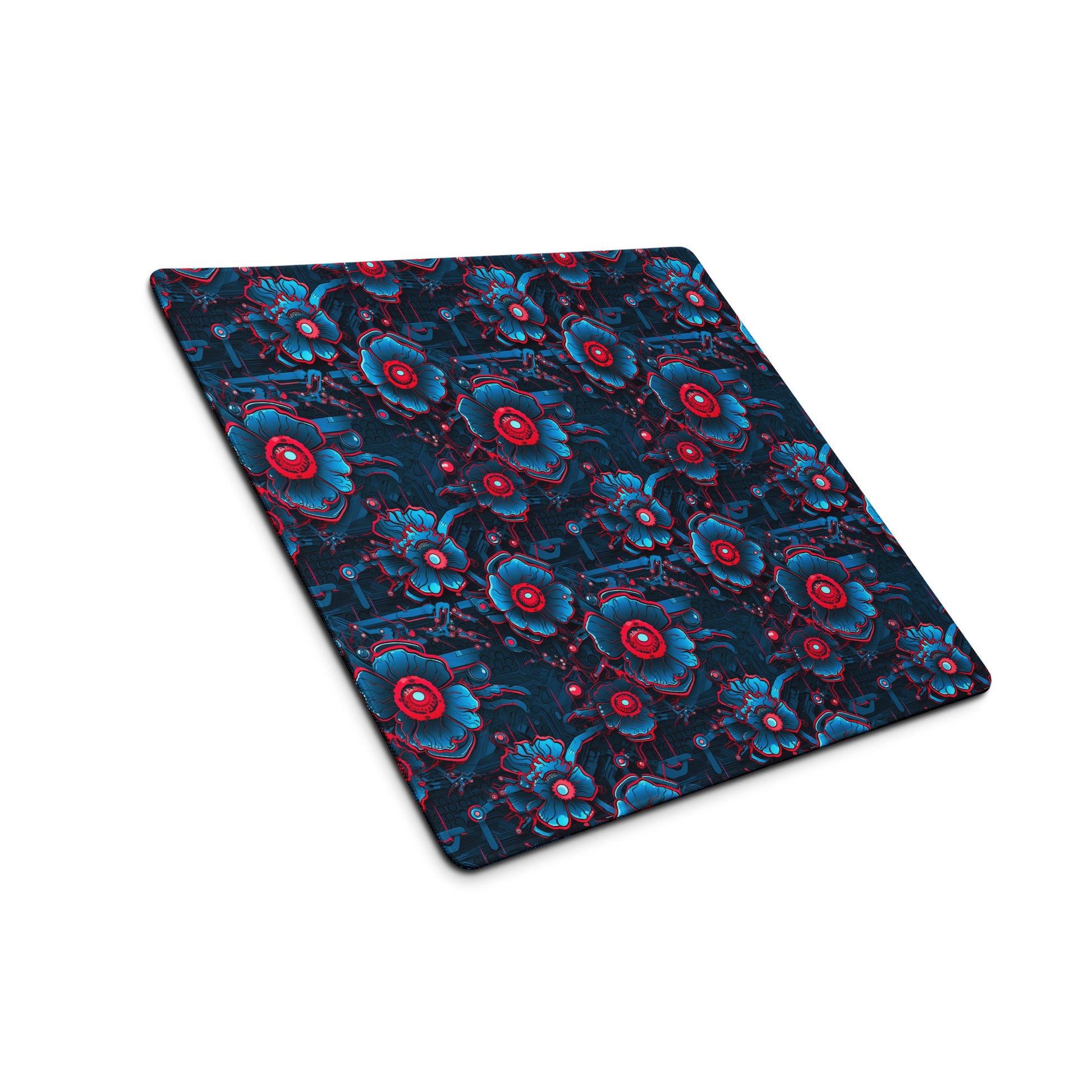 A 18" x 16" desk pad with a blue and red robotic floral pattern sitting at an angle.