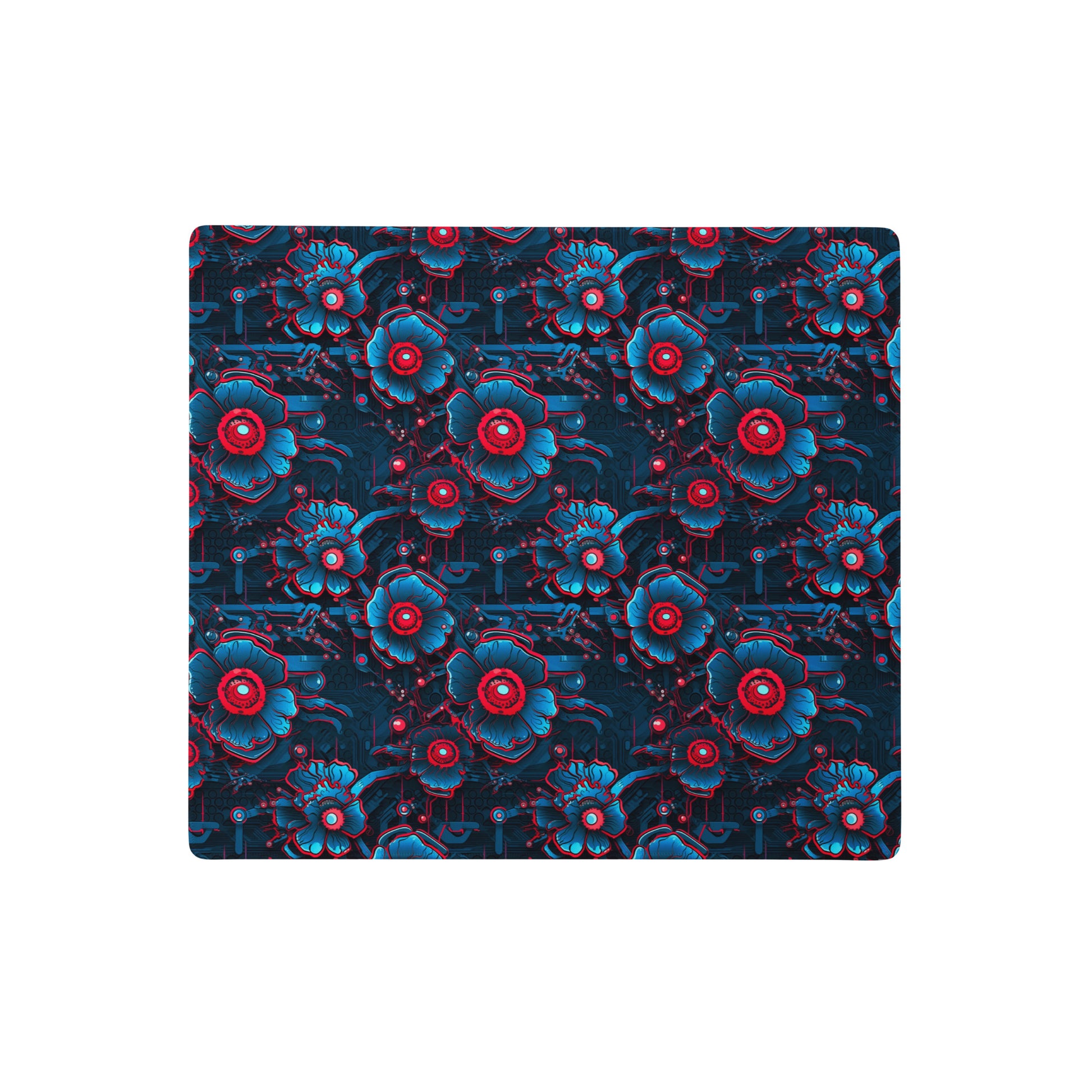A 18" x 16" desk pad with a blue and red robotic floral pattern.