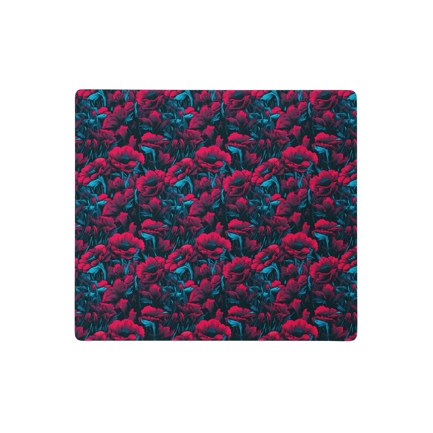 A 18" x 16" desk pad with a red and blue floral pattern.