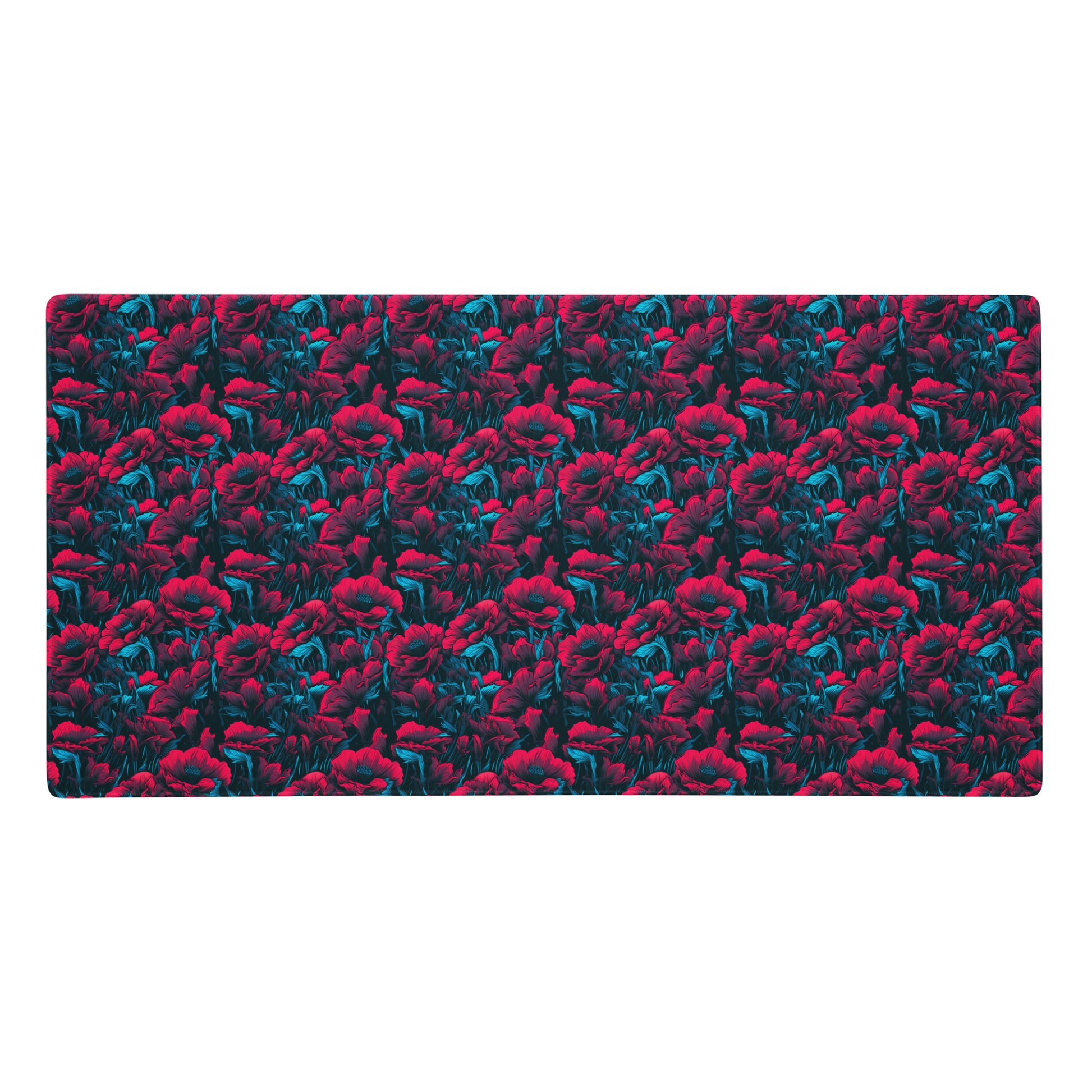 A 36" x 18" desk pad with a red and blue floral pattern.