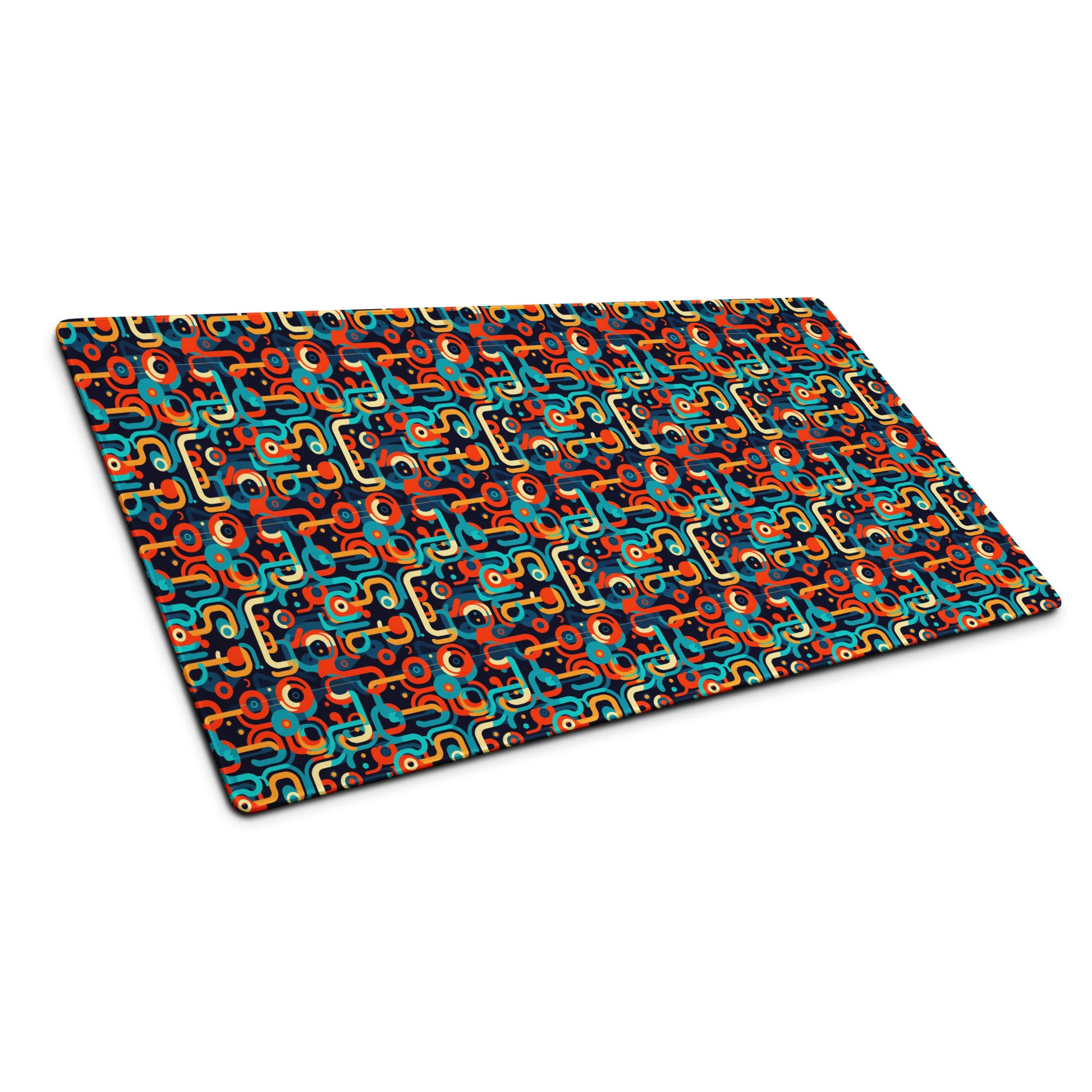 A 36" x 18" gaming desk pad with blue, orange, and beige lines on a black background sitting at an angle.