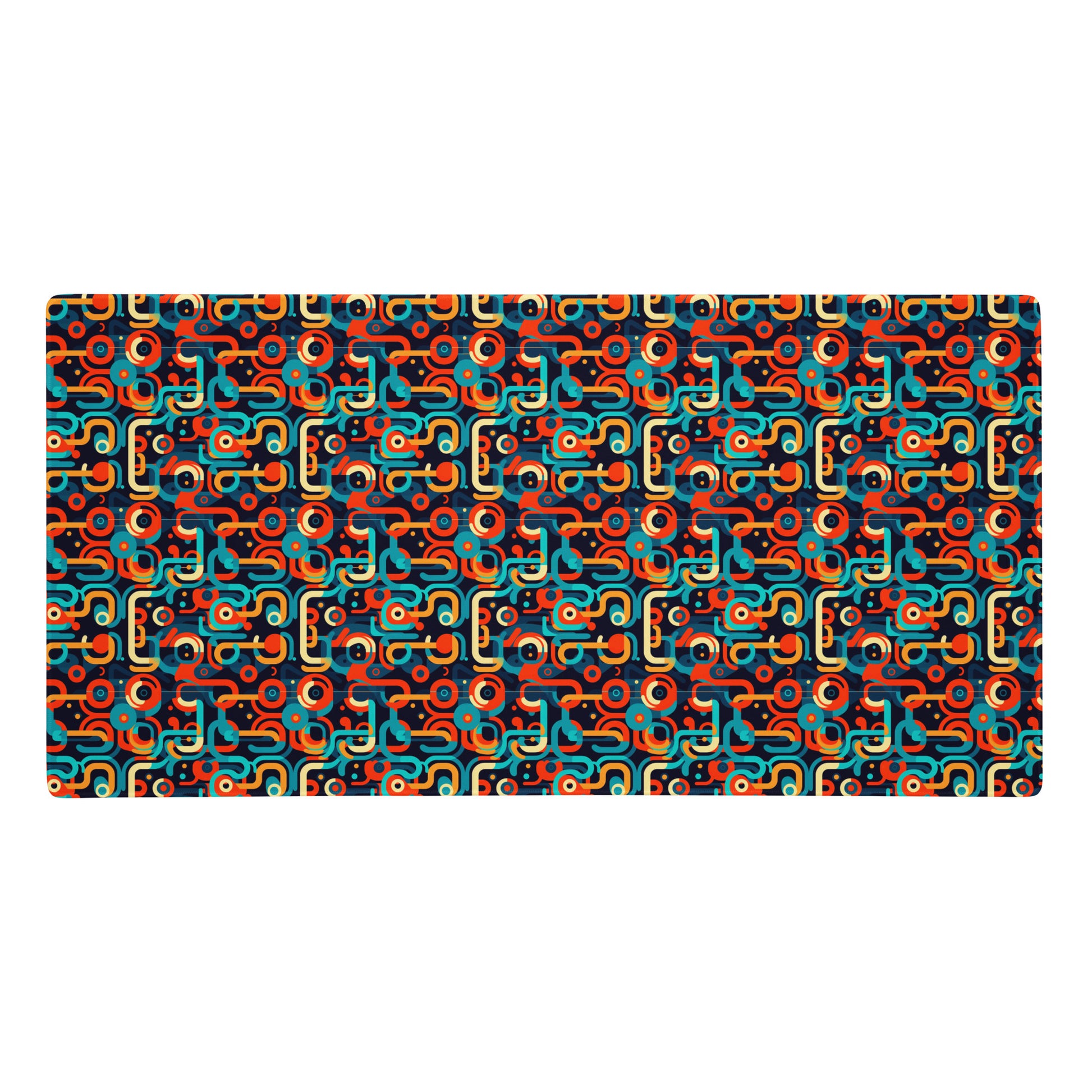 A 36" x 18" gaming desk pad with blue, orange, and beige lines on a black background.