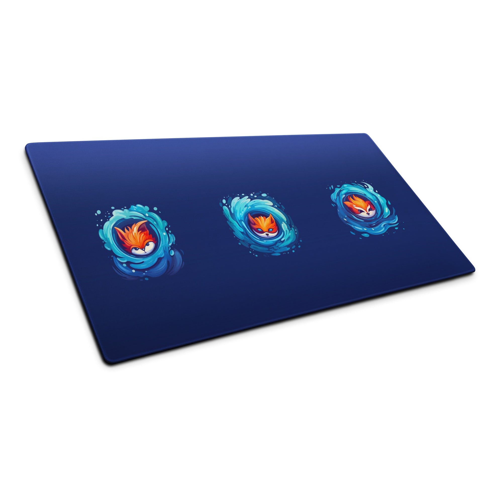 A 36" x 18" blue desk pad with three foxes in whirlpools sitting at an angle.