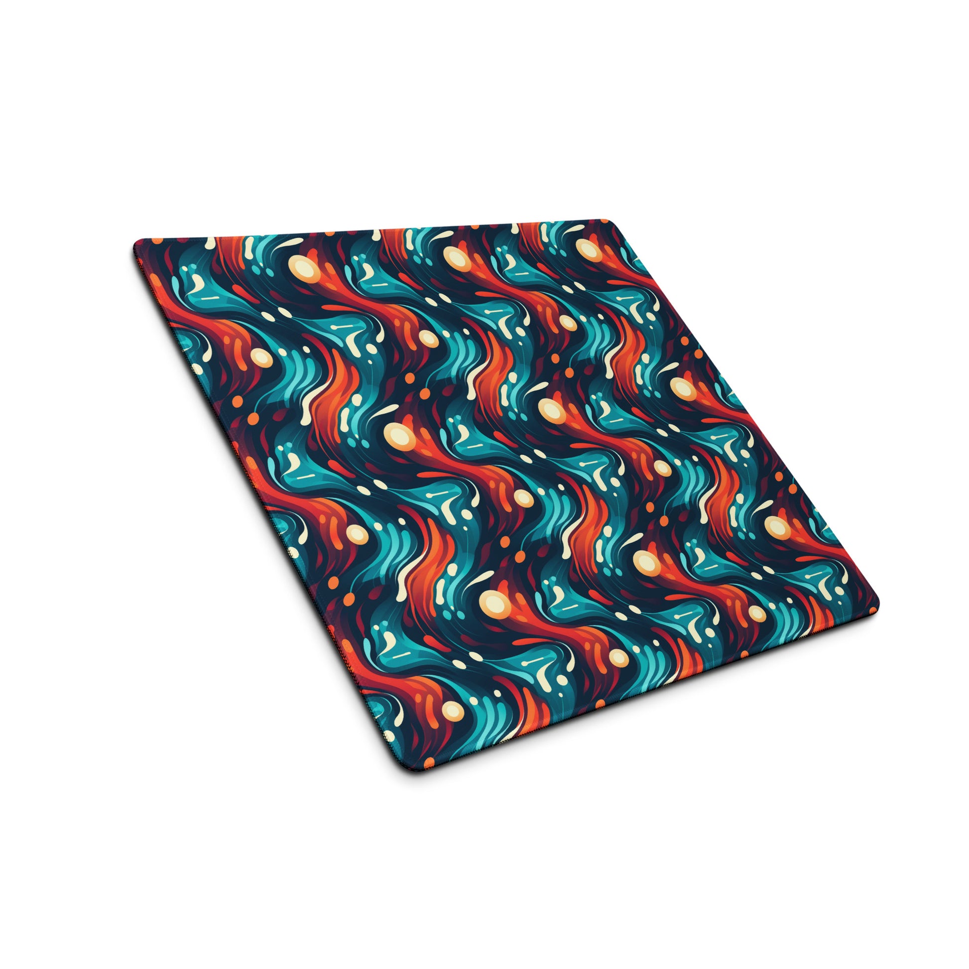 A 18" x 16" desk pad with a blue and orange wavy pattern sitting at an angle.