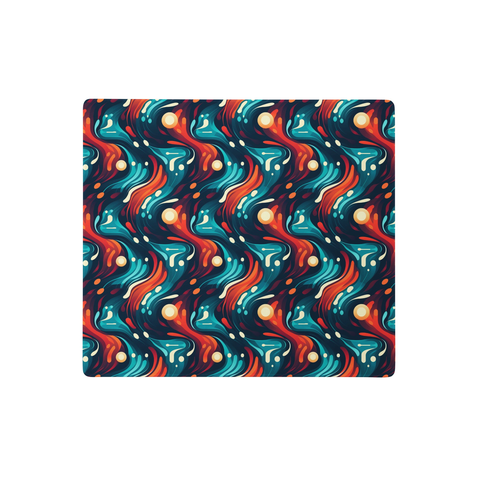 A 18" x 16" desk pad with a blue and orange wavy pattern.