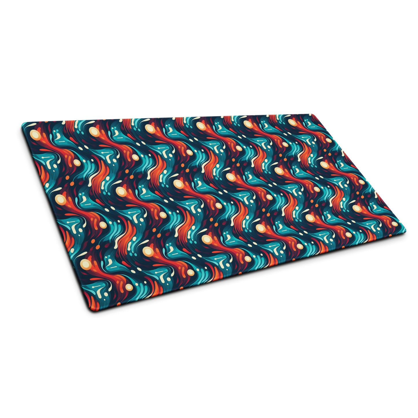 A 36" x 18" desk pad with a blue and orange wavy pattern sitting at an angle.