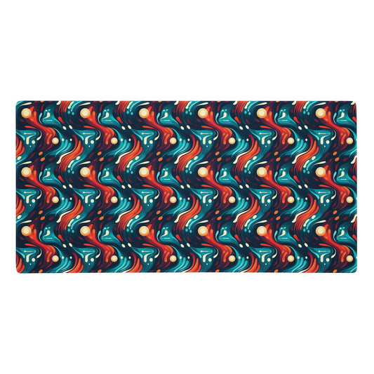 A 36" x 18" desk pad with a blue and orange wavy pattern.