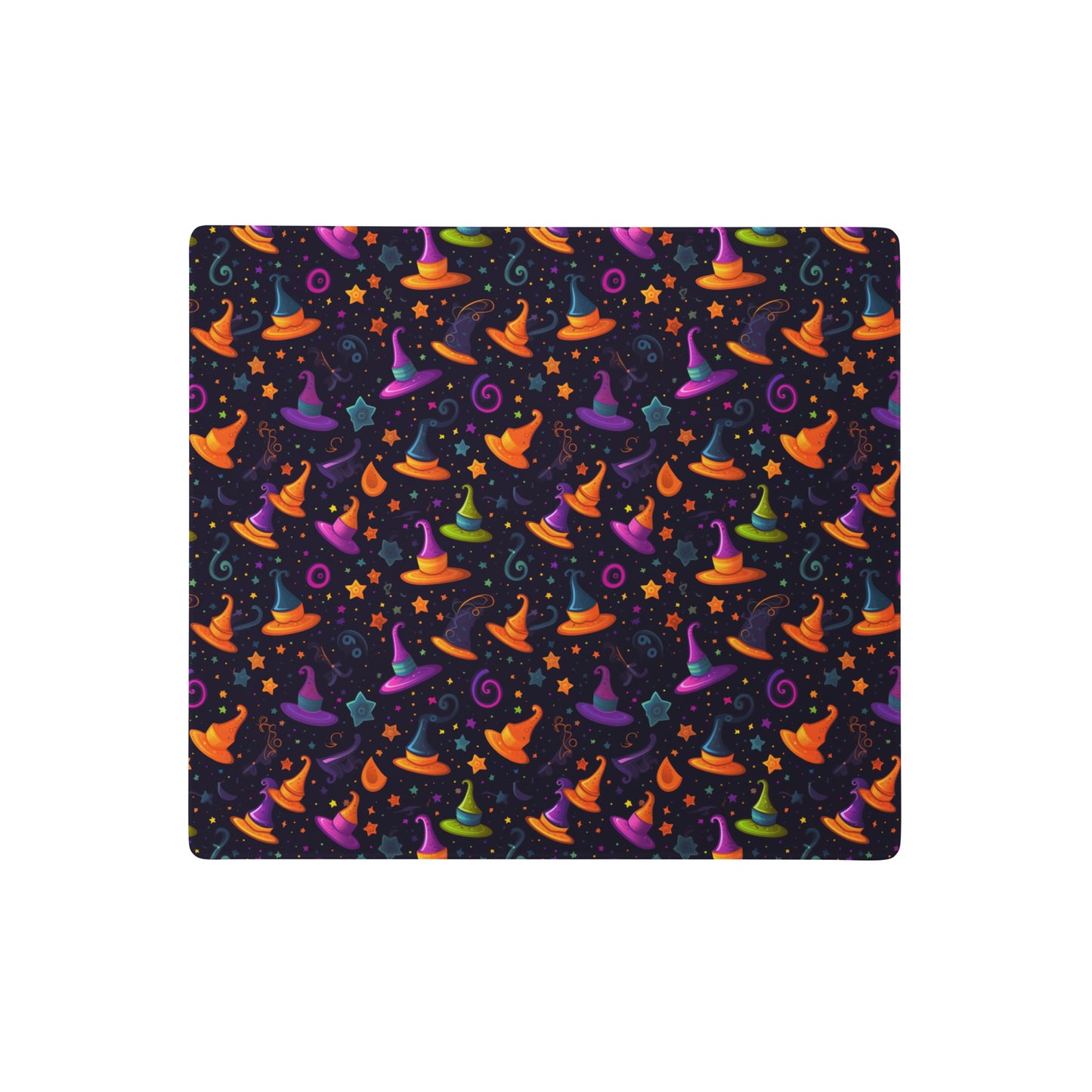 A 18" x 16" desk pad with a orange and purple wizard hat pattern.