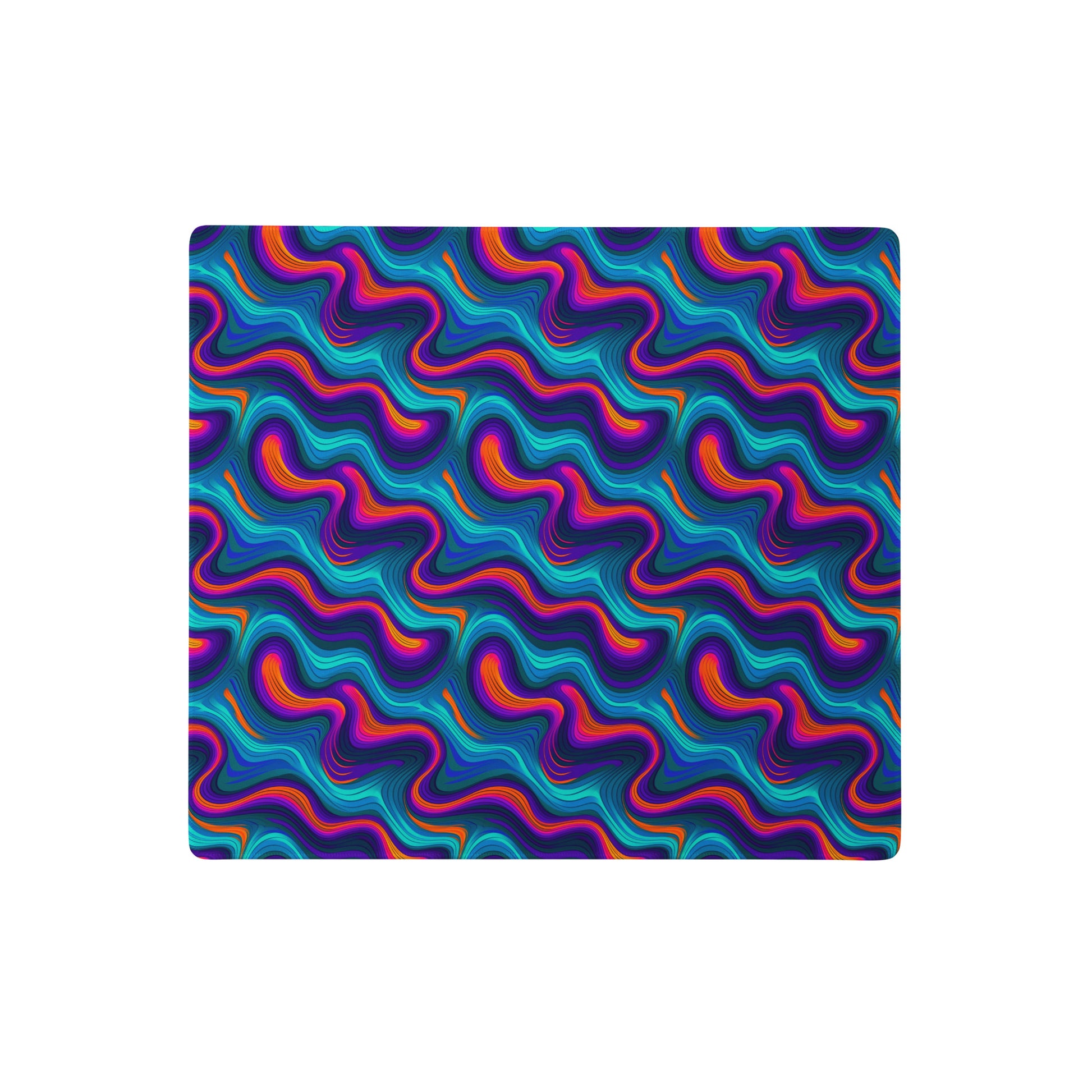 A 18" x 16" desk pad with blue and orange wavy pattern.