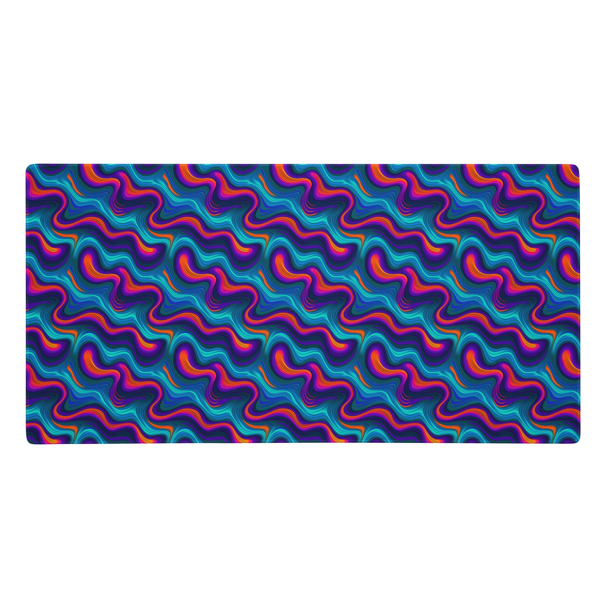 A 36" x 18" desk pad with blue and orange wavy pattern.