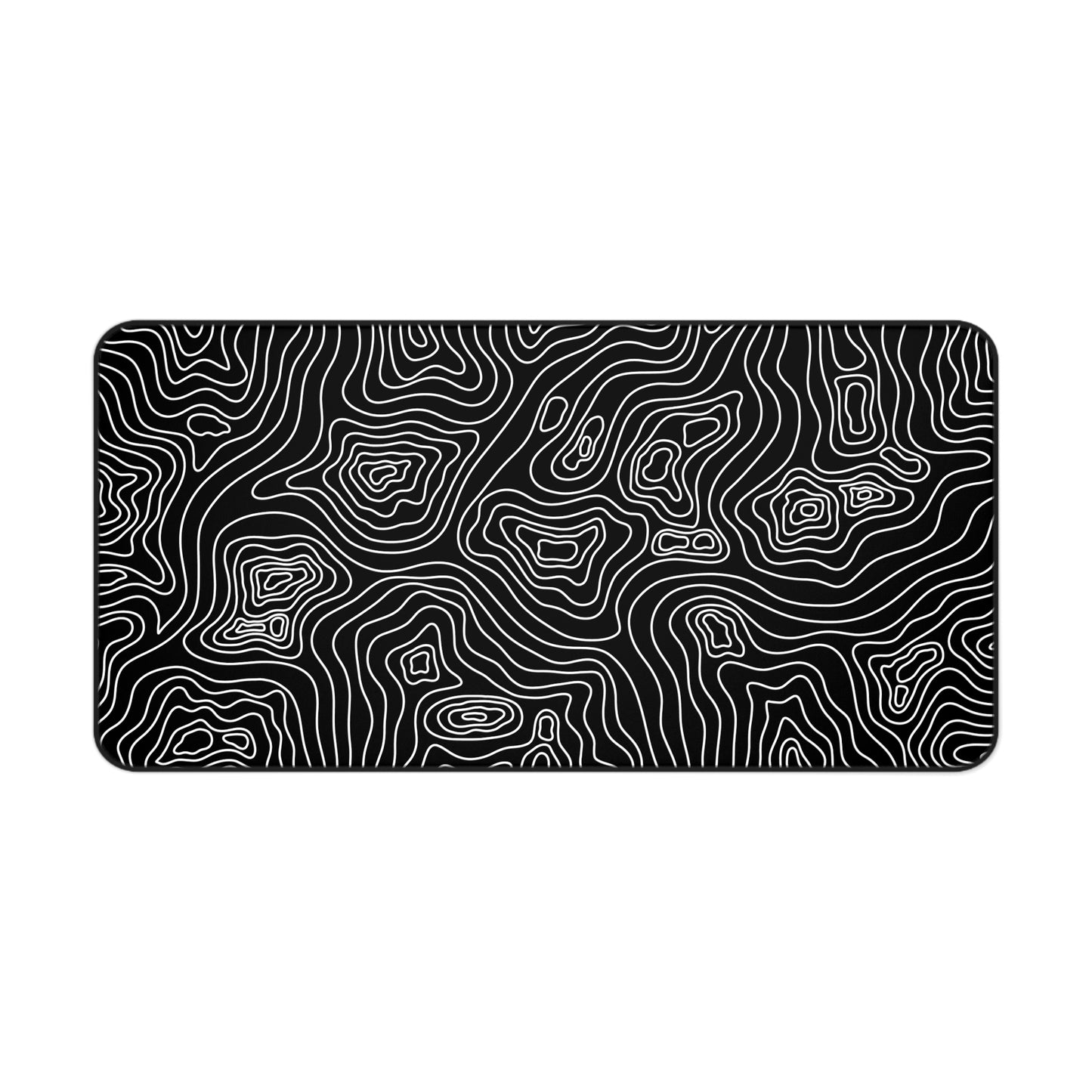 A 31" x 15.5" black desk mat with white topographic lines.