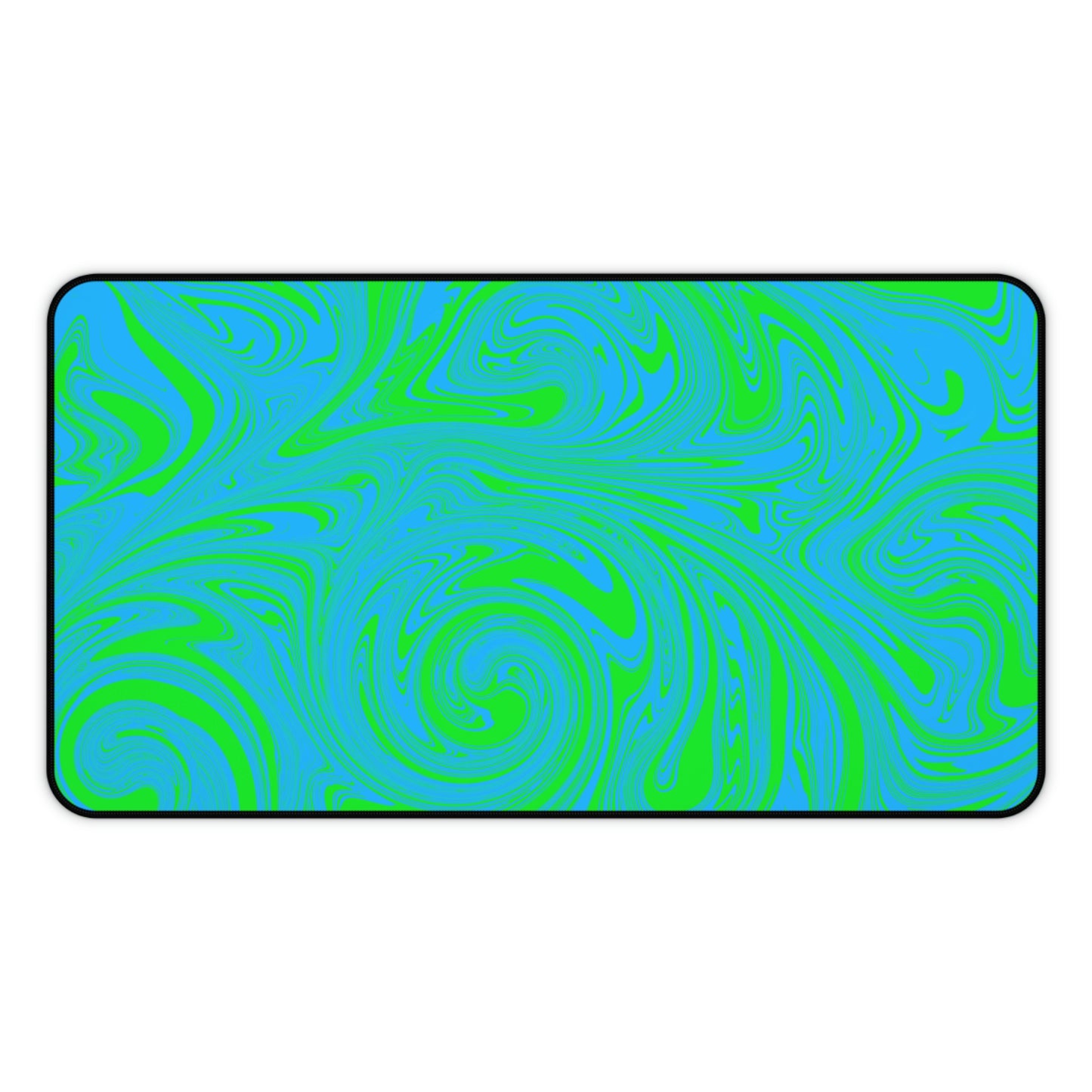 A 12" x 22" desk mat with blue and green swirls.