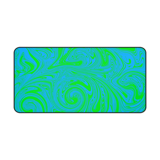 A 31" x 15.5" desk mat with blue and green swirls.