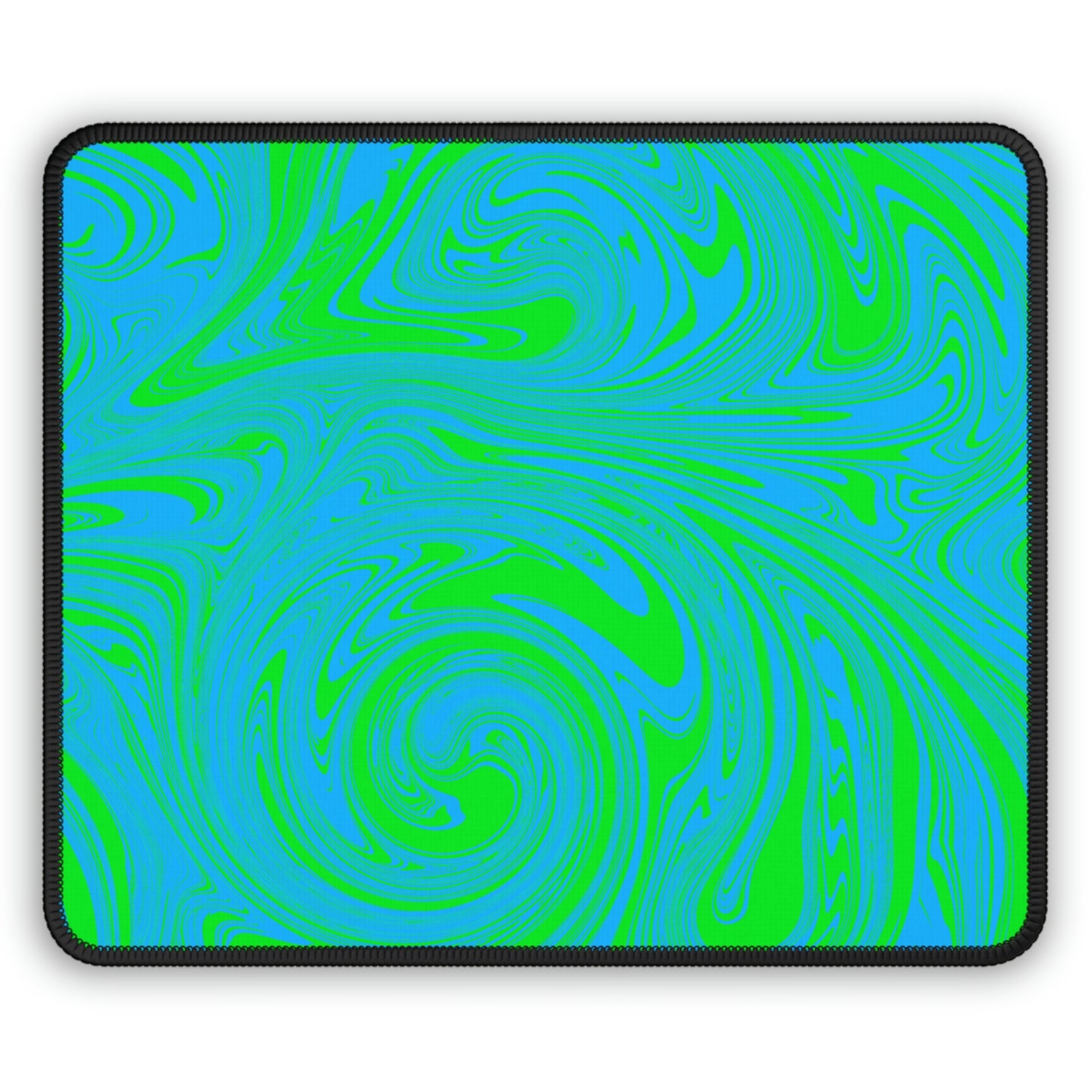 A gaming mouse pad with blue and green swirls.