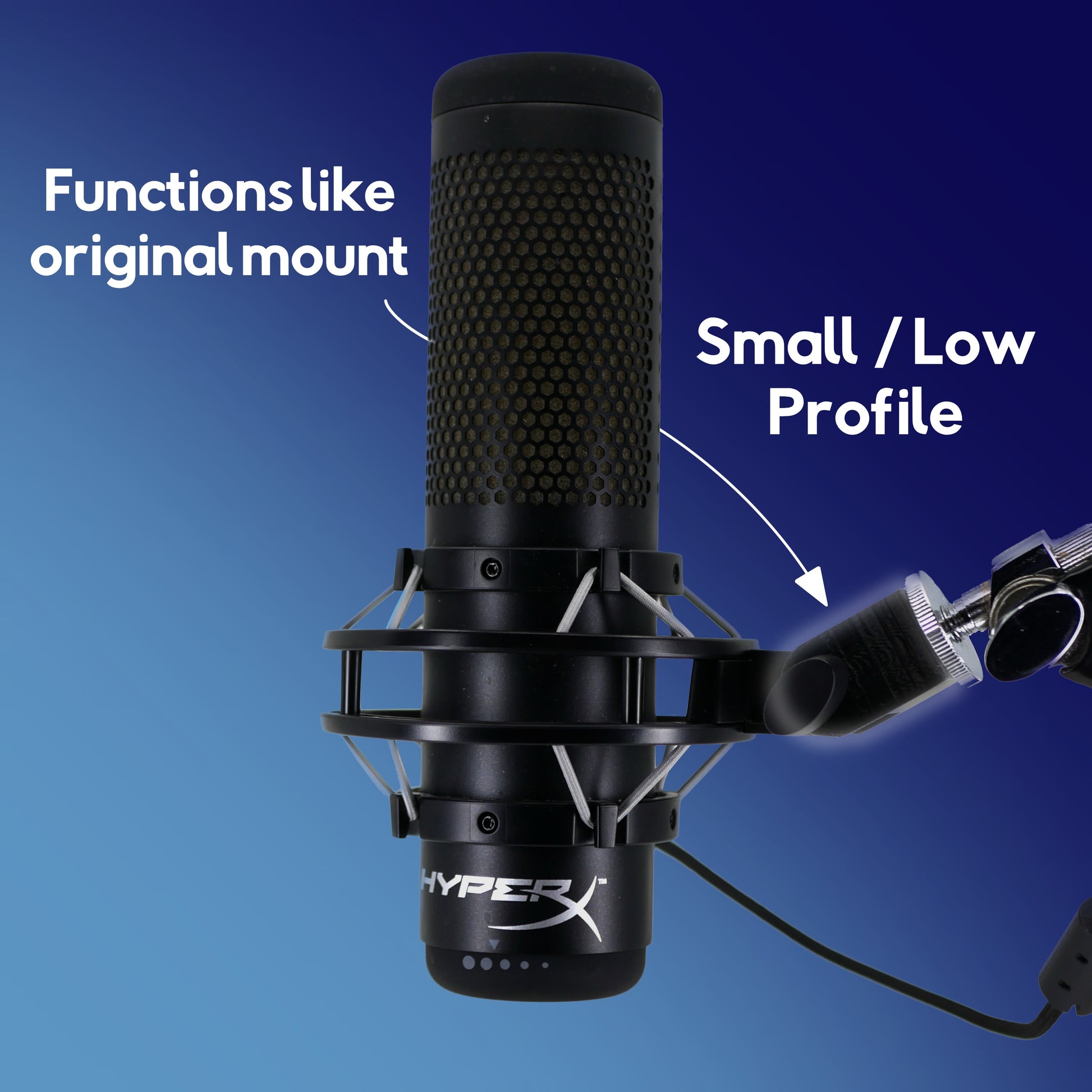 An infographic for the HyperX QuadCast microphone mount adapter. The adapter is attached to a boom arm and holding the HyperX QuadCast microphone.
