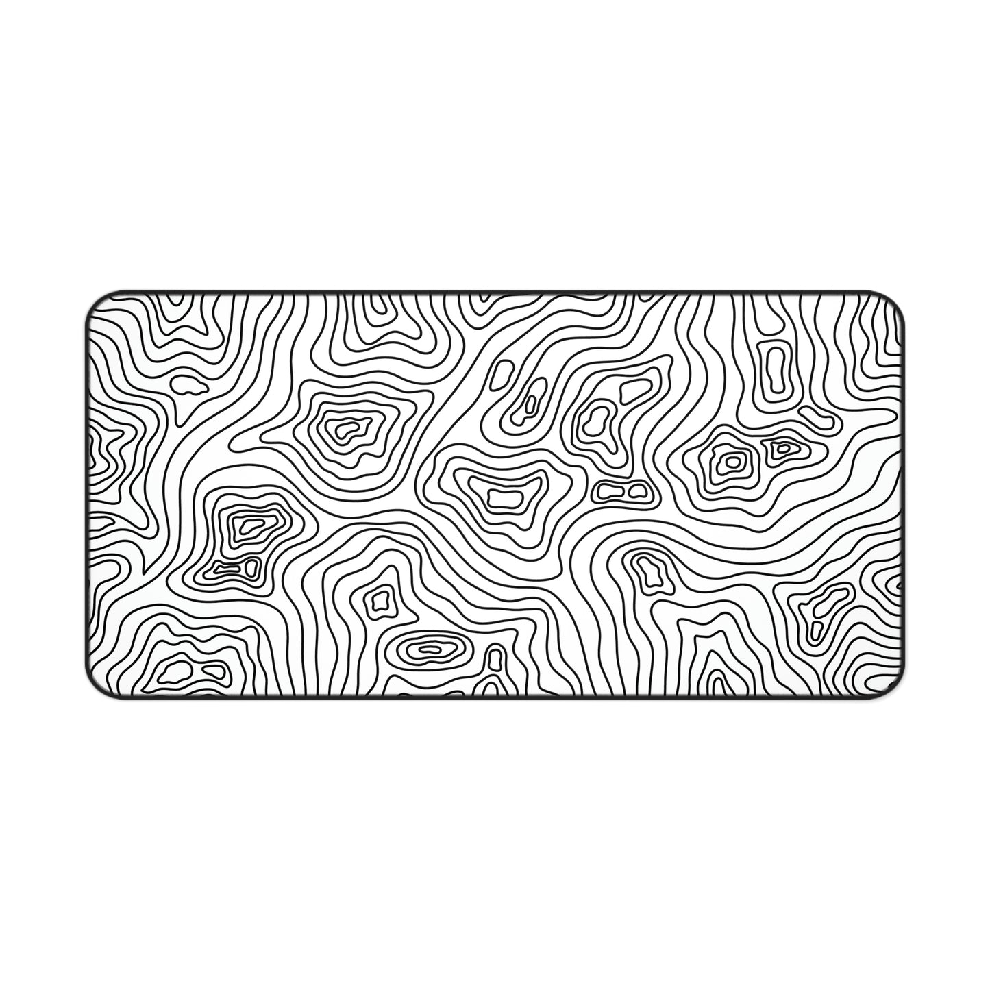 A 31" x 15.5" white topographic desk mat. The desk mat is white with black topographic lines.